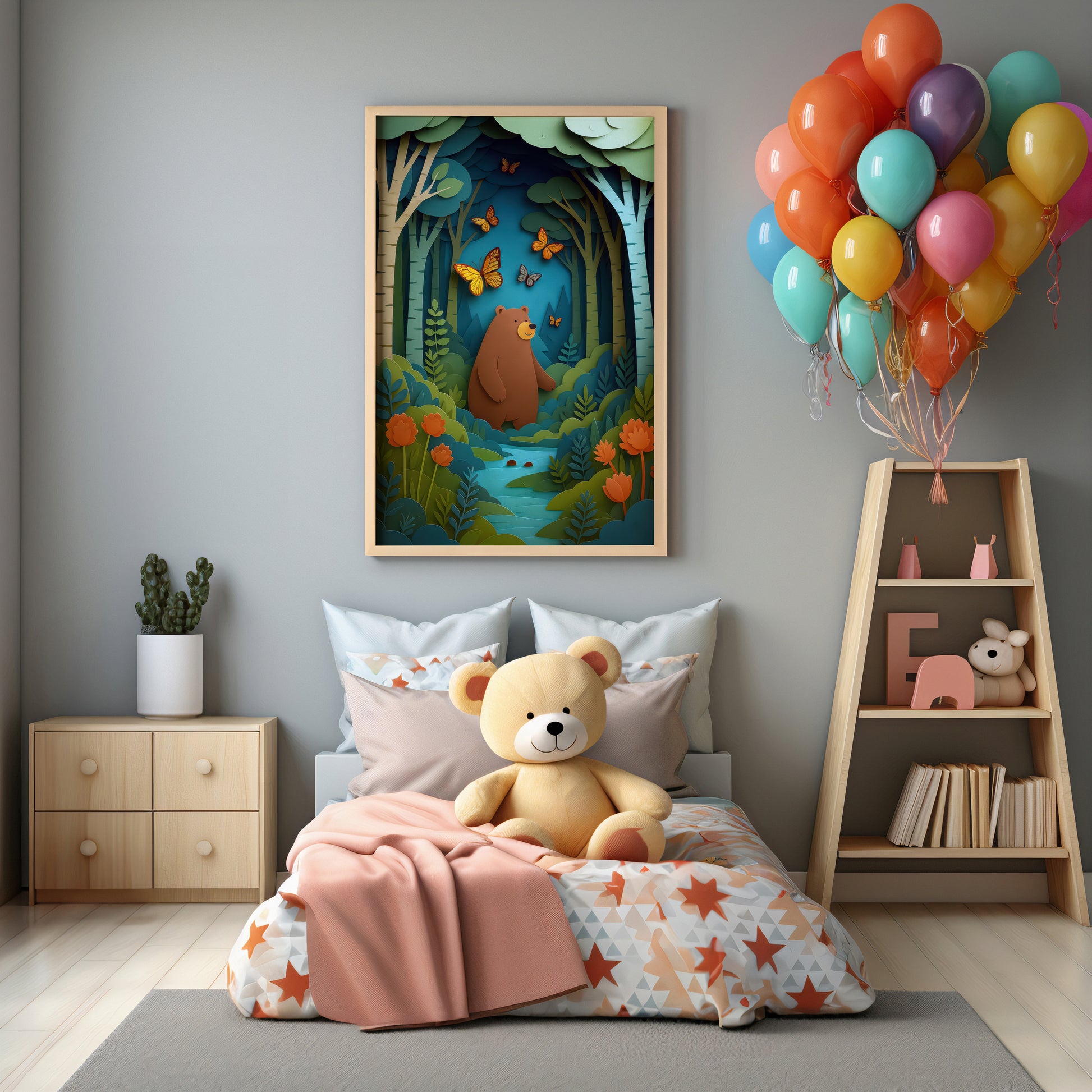 Children's bedroom with teddy bear, colorful balloons, and wall art.