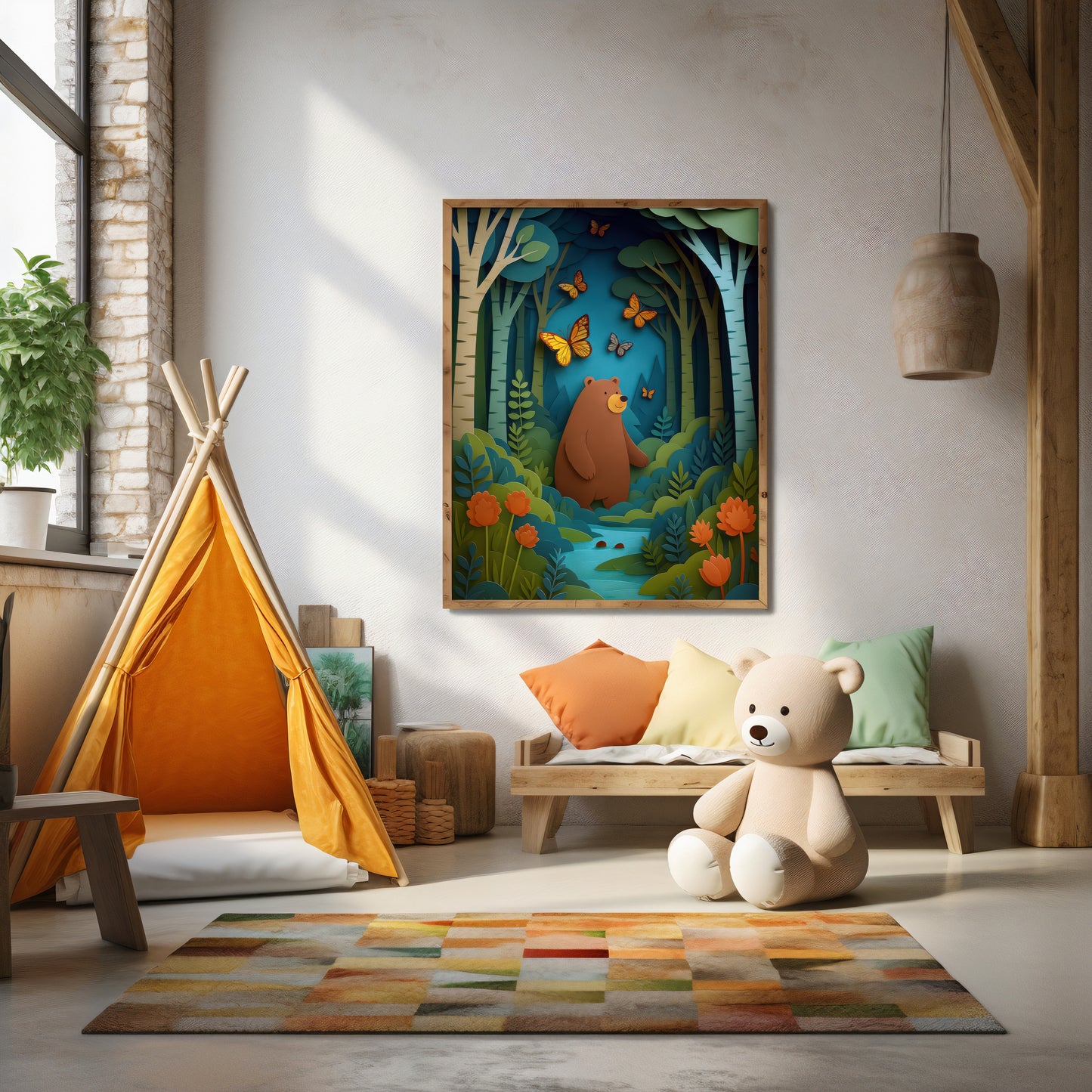 modern kids bedroom interior featuring a wall art print of a brown bear standing in a forest with butterflies, trees and a layered paper-cut style woodland scene.