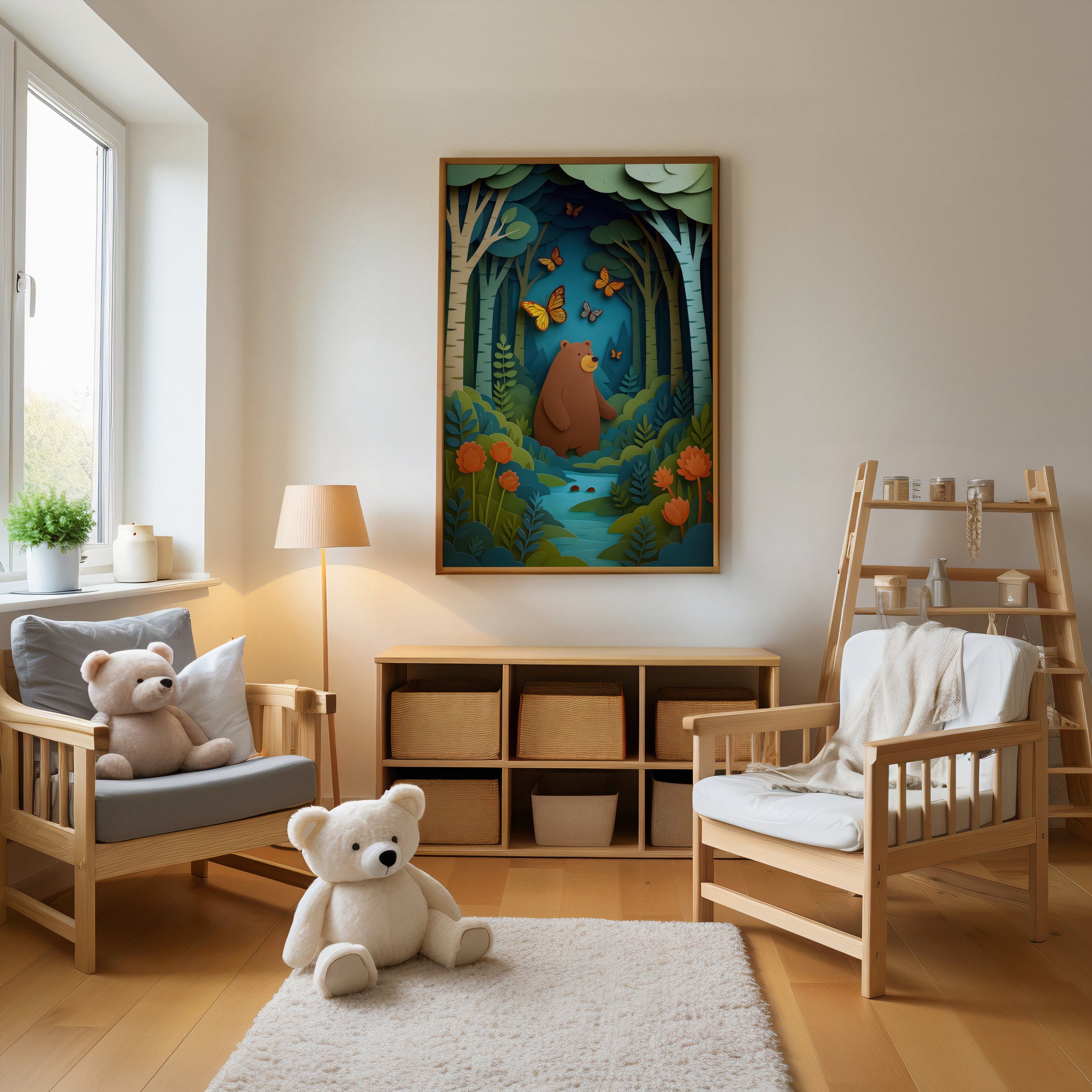 Children's room with wooden furniture, teddy bear, and wall art of a bear in a forest.
