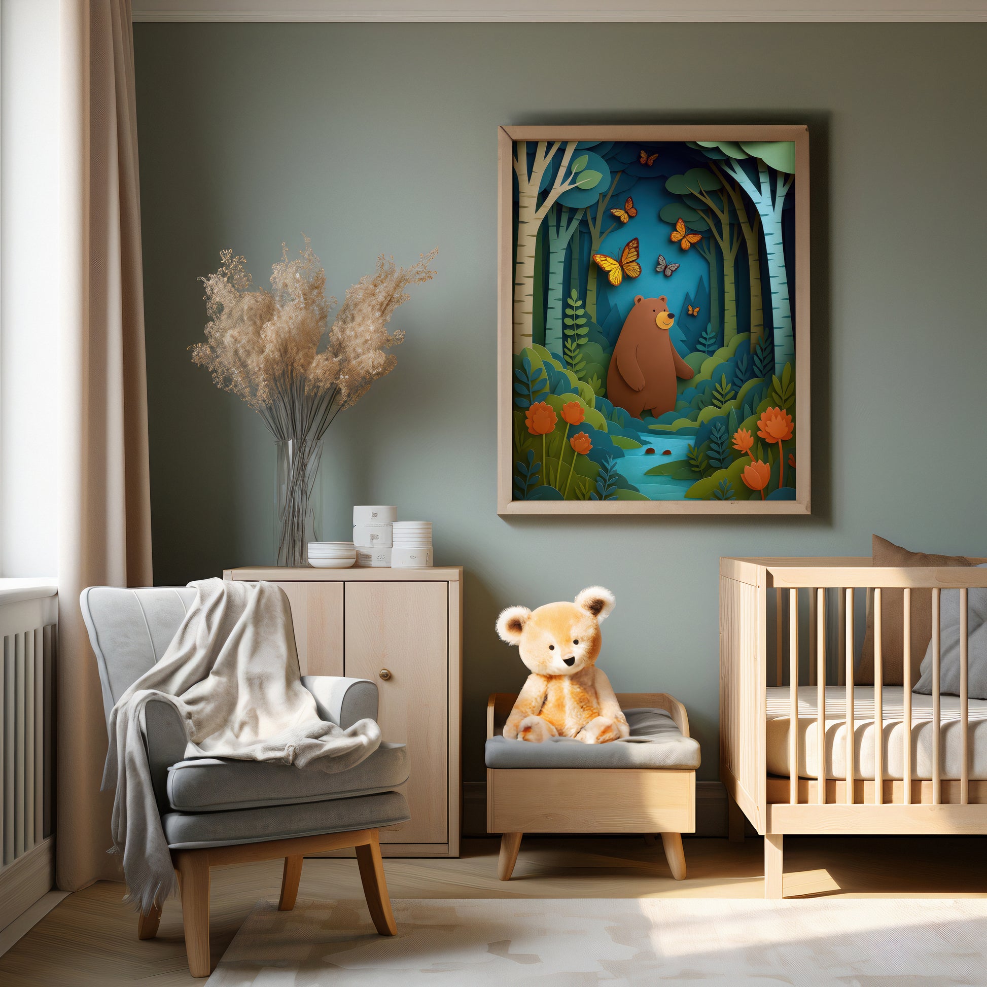 Cute modern Nursery room with a crib, chair, and wall art of a bear in a forest.