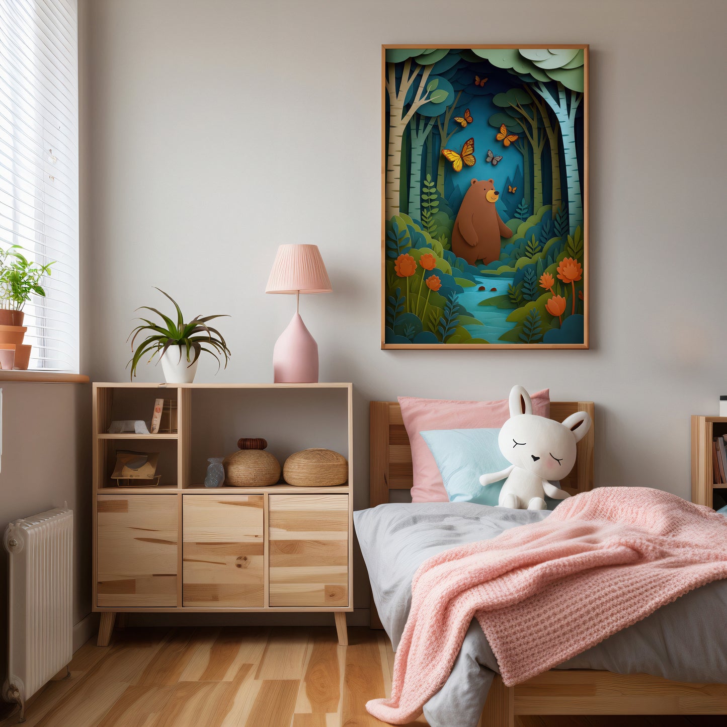 Children's bedroom with wooden furniture, a bed with pink blanket and stuffed animal, and a colorful forest painting on the wall.