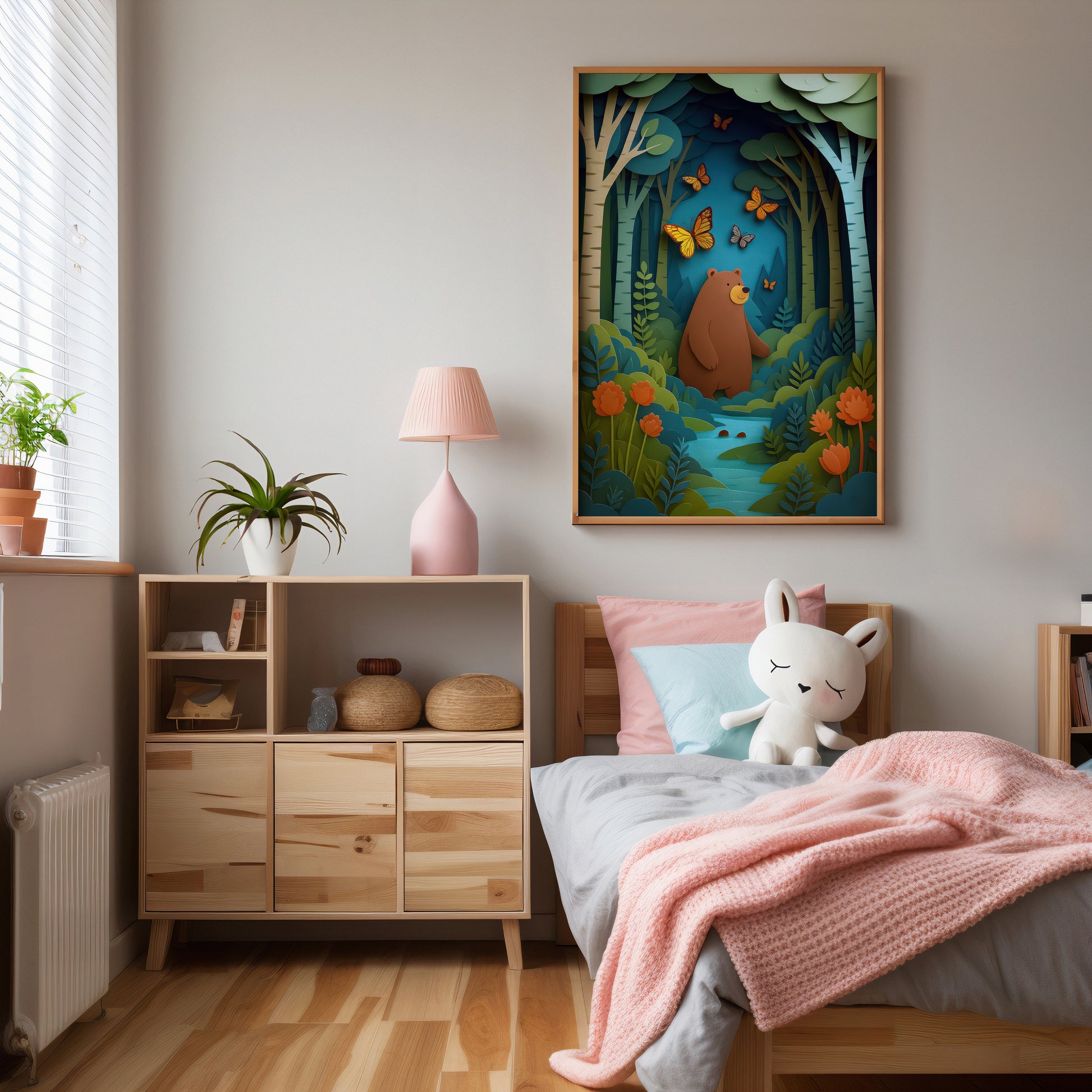 Children's bedroom with wooden furniture, a bed with pink blanket and stuffed animal, and a colorful forest painting on the wall.