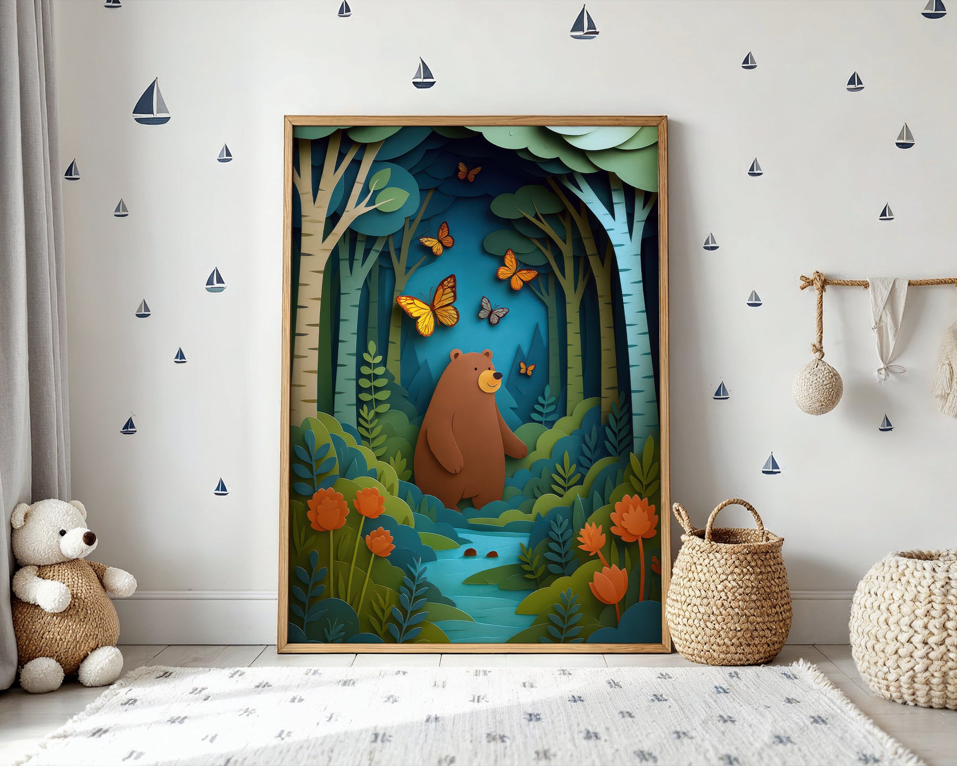 Framed children's illustration of a bear in a forest with butterflies, placed in a room with decorative elements.