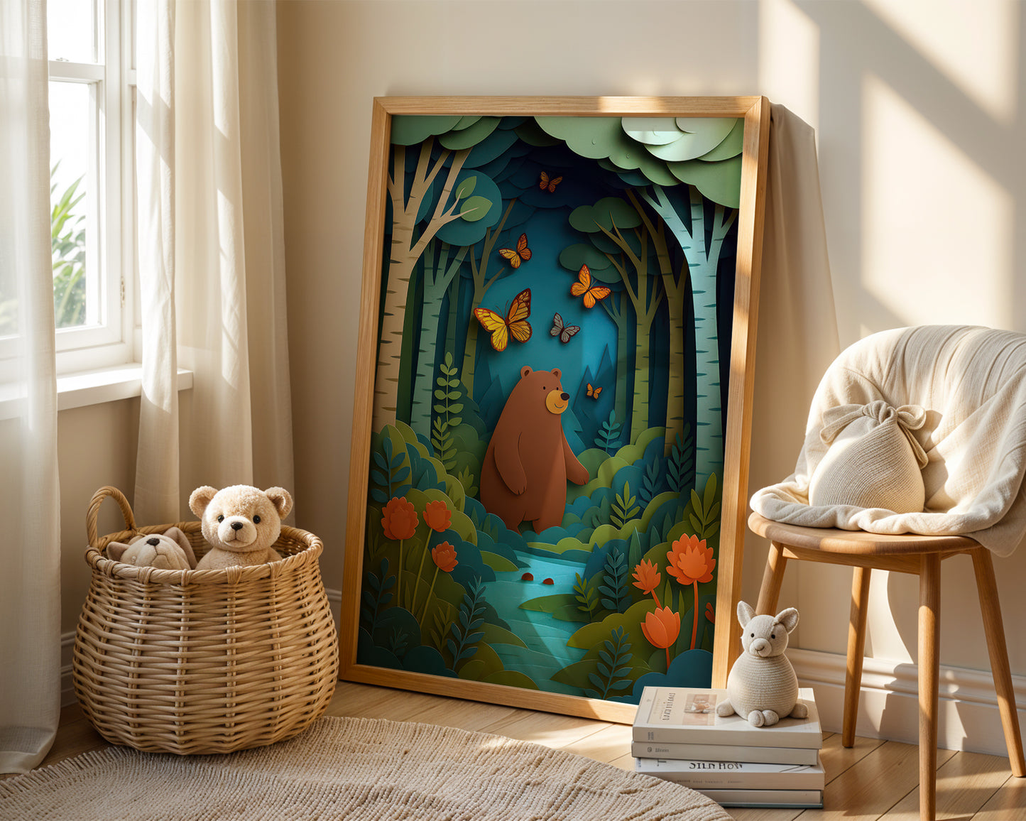 Magical Framed children's artwork of a bear in a forest with toys in a room.
