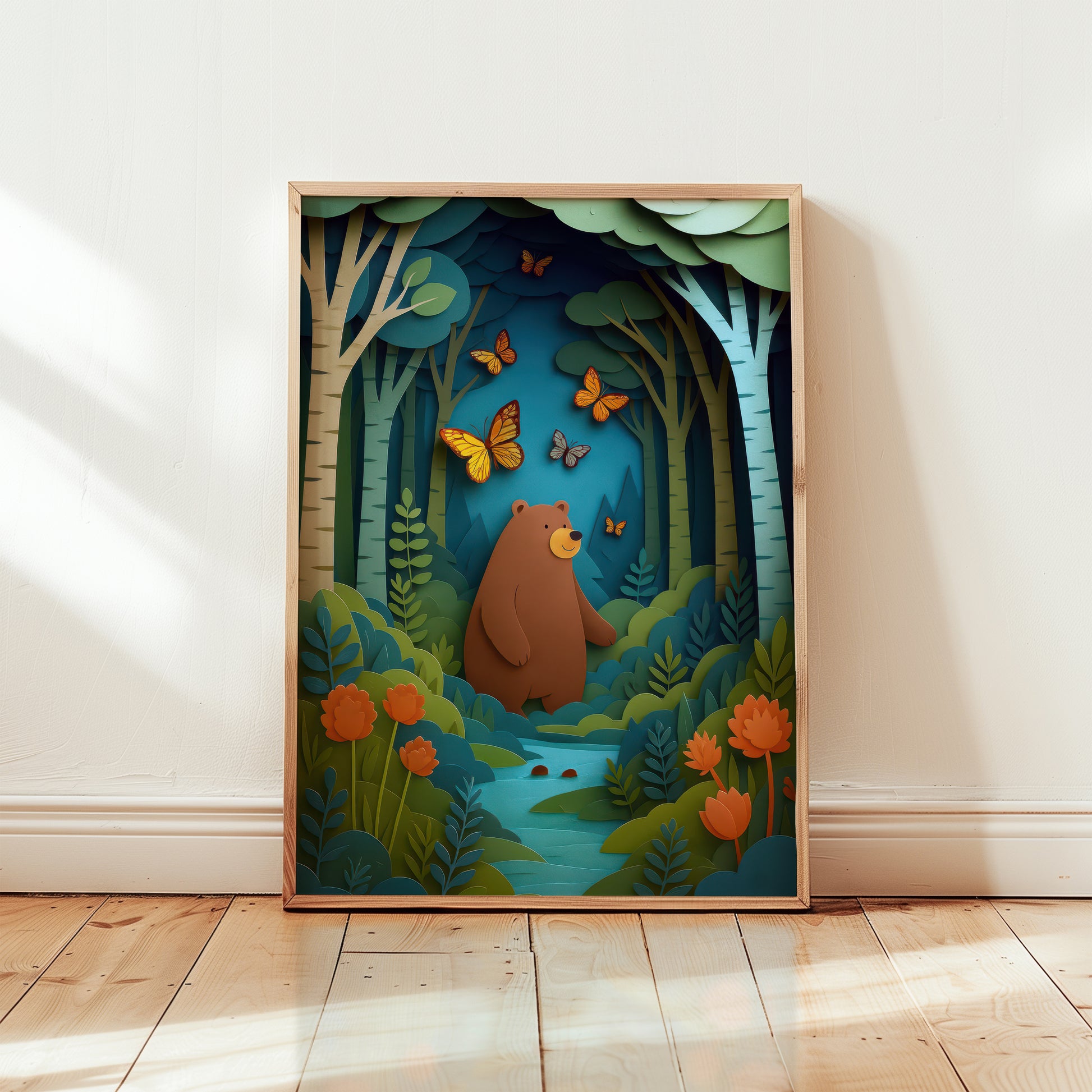 Colourful woodland bear nursery wall art print featuring cute bear in forest with butterflies and layered paper-cut trees.