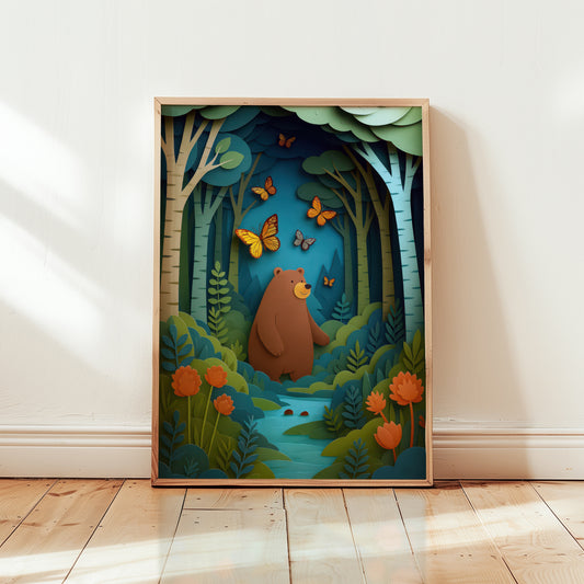 Colourful woodland bear nursery wall art print featuring cute bear in forest with butterflies and layered paper-cut trees.