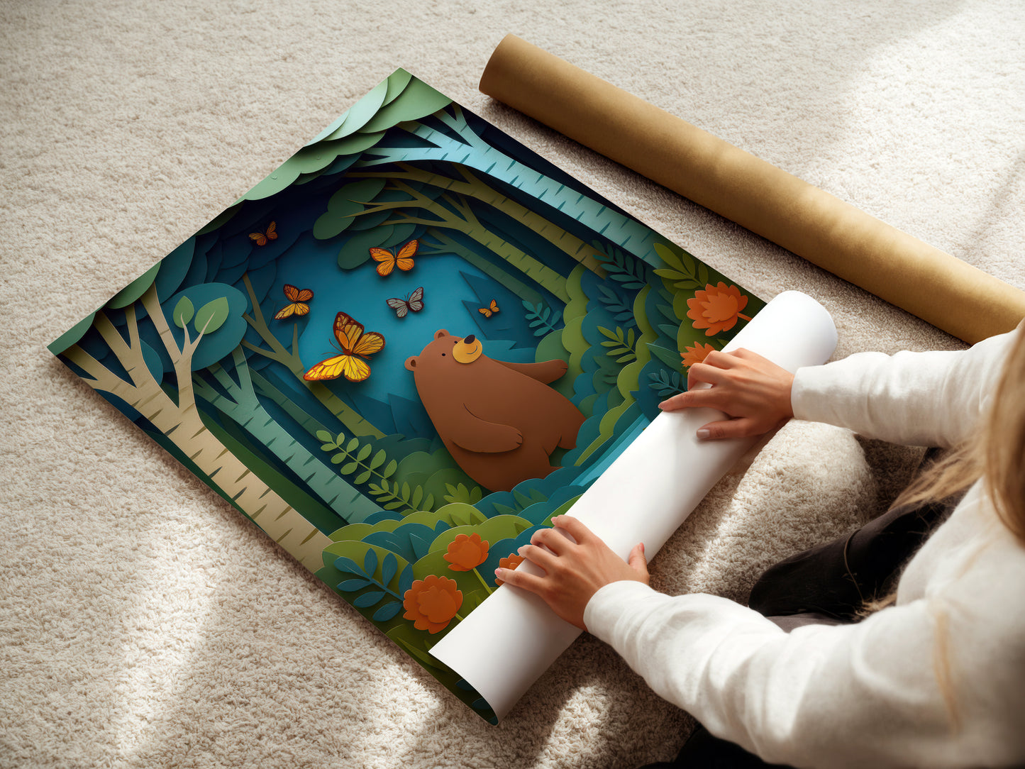 young Person unrolling a colorful paper cutout of a bear and nature scene on a light surface.
