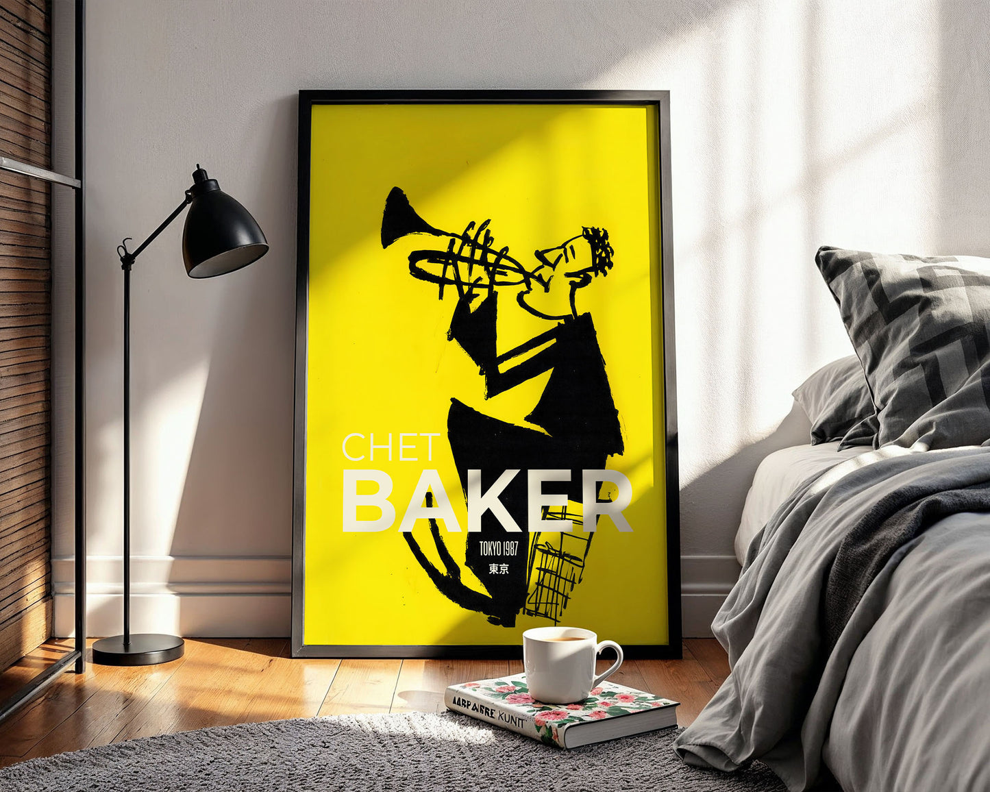 Mid-century modern poster wall art displayed in contemporary bedroom interior