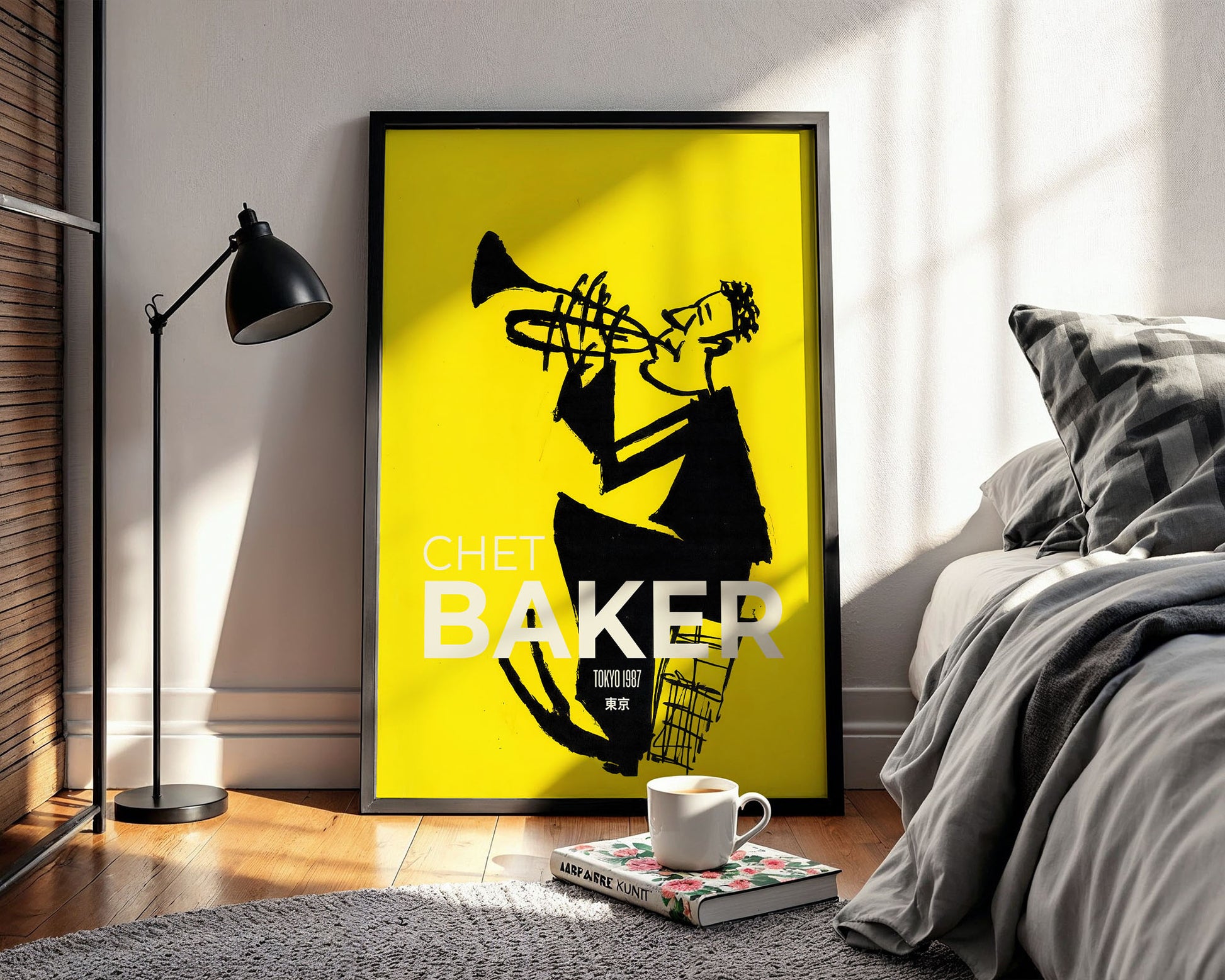 Mid-century modern poster wall art displayed in contemporary bedroom interior