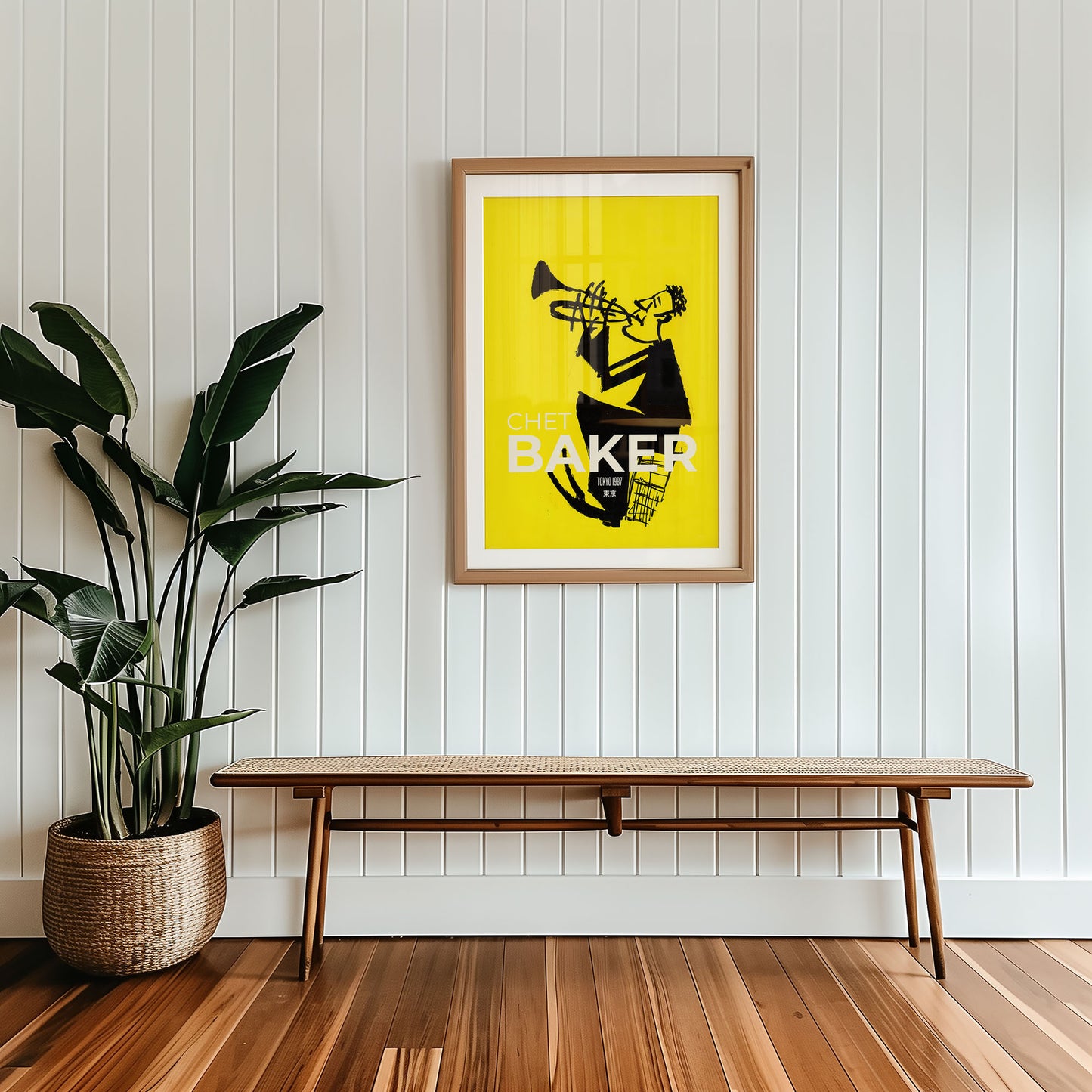 Framed mid-century style wall art print styled against minimalist interior wall