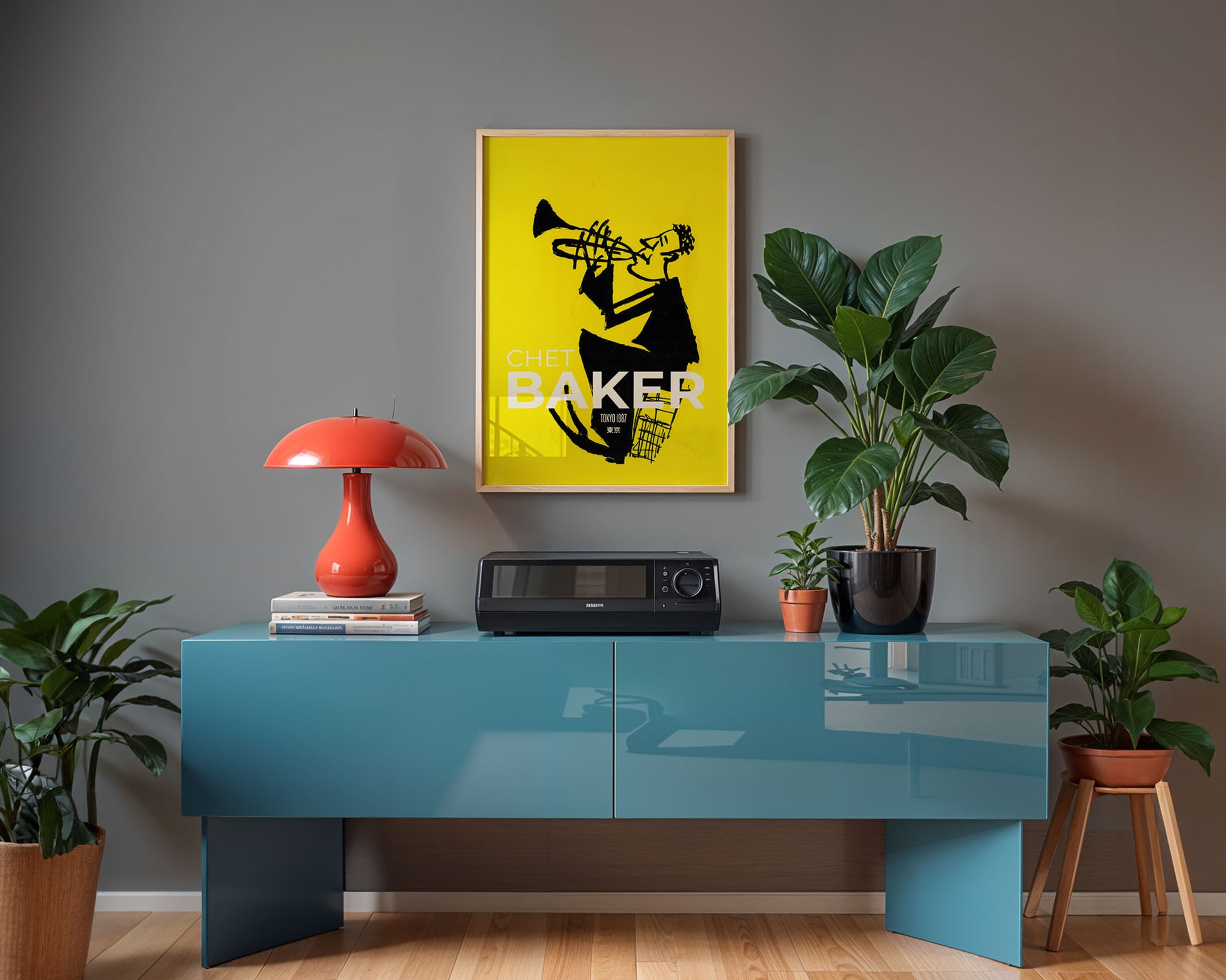 Modern interior with a blue console table, red lamp, yellow poster, and potted plants.