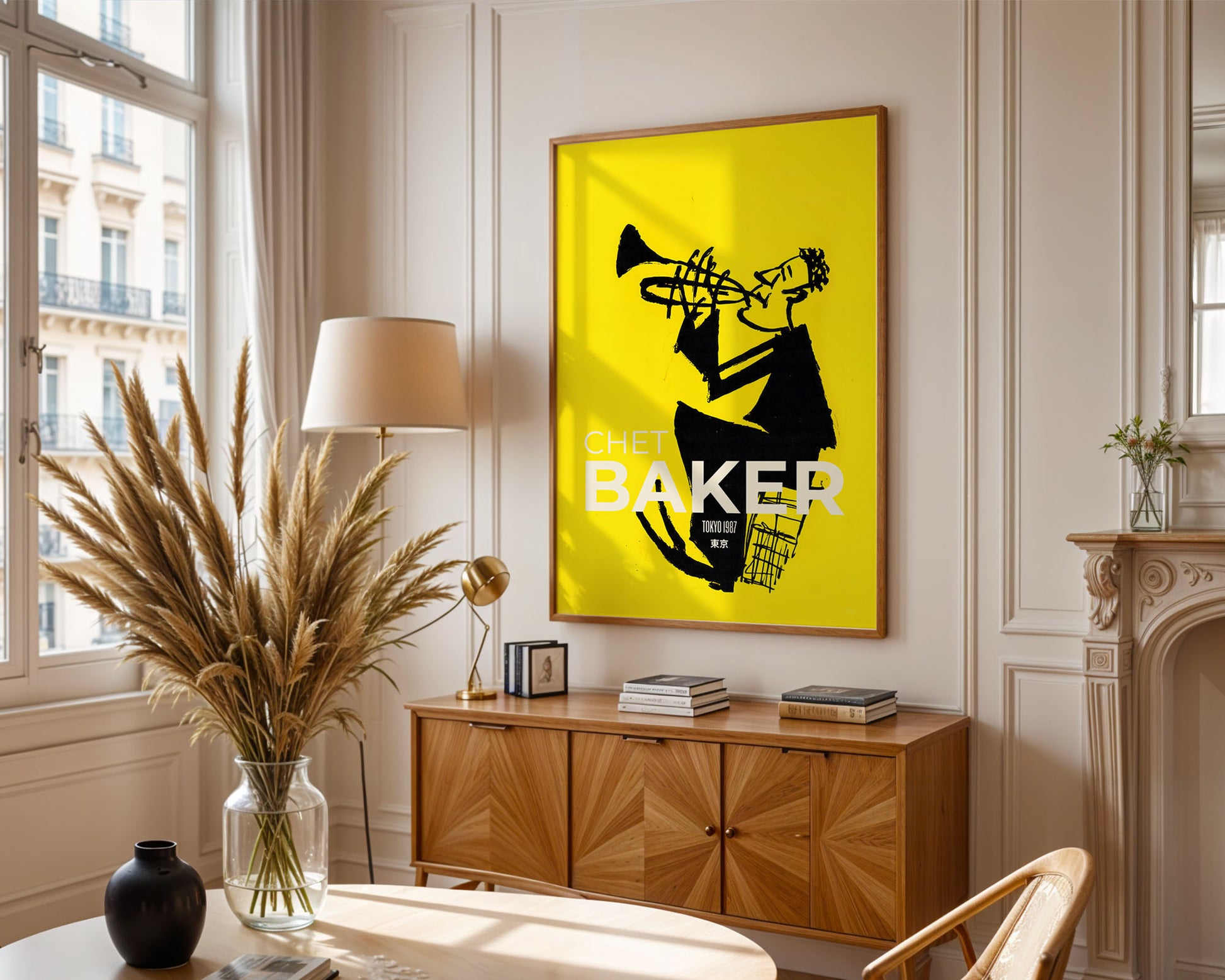 Colourful mid-century style poster adding bold accent to modern home interior