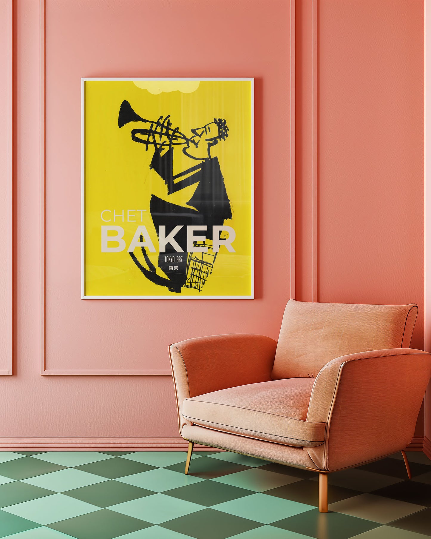 Poster of a jazz musician with 'Chet Baker' on a pink wall above a pink armchair.