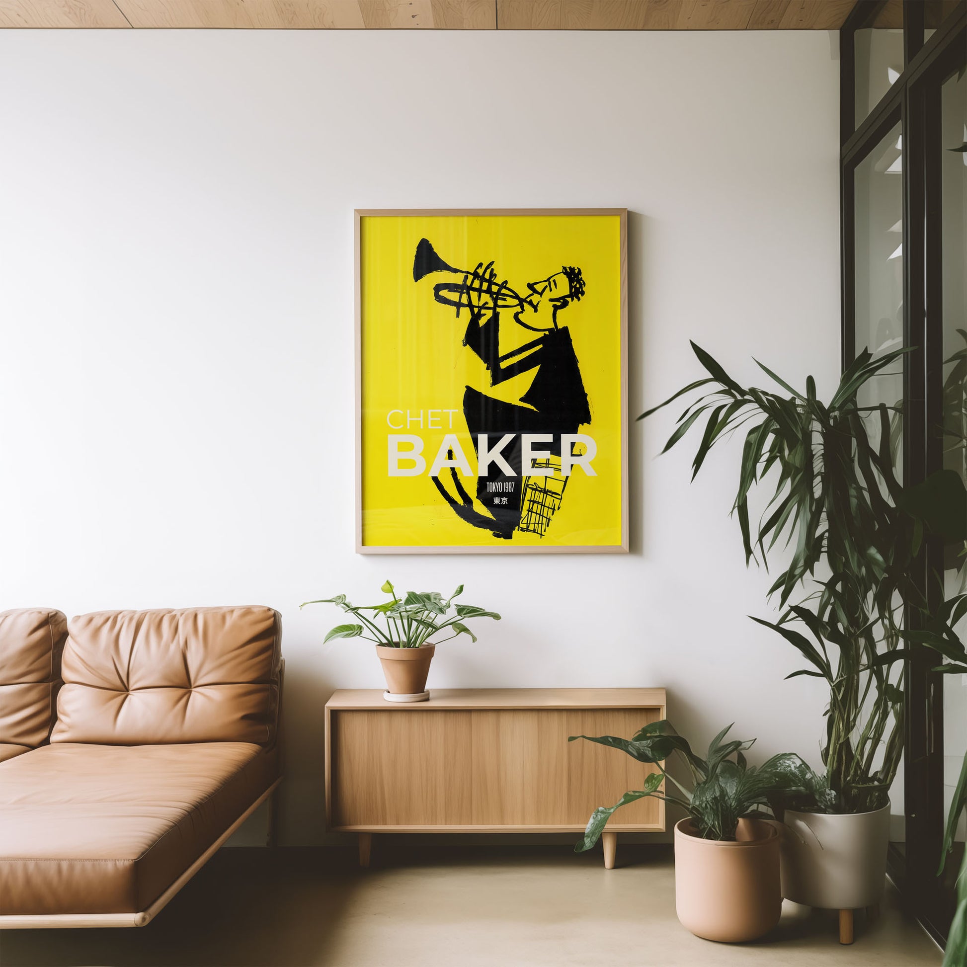 Mid-century modern poster styled in clean Scandinavian inspired living space