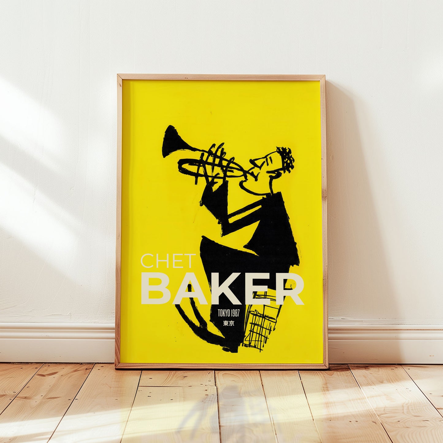 Chet Baker inspired jazz poster featuring expressive trumpet player silhouette in bold yellow mid-century modern design from Wallgarde
