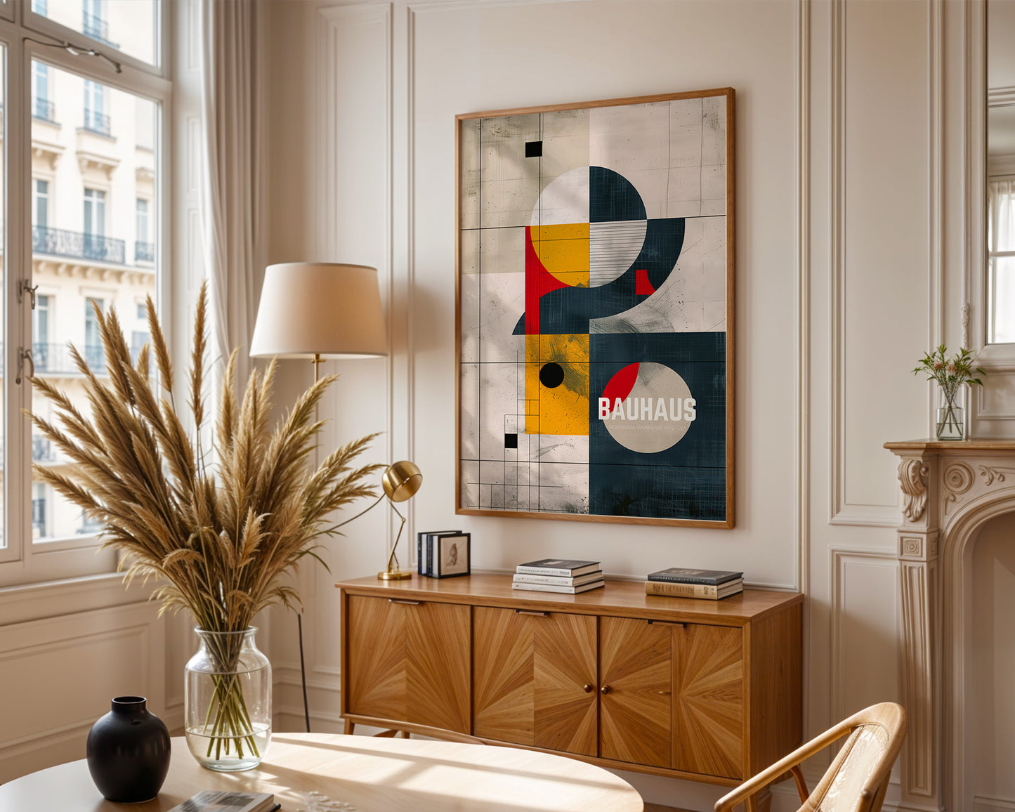 Modern living room with abstract art, wooden cabinet, and decorative items, in a loft apartment 