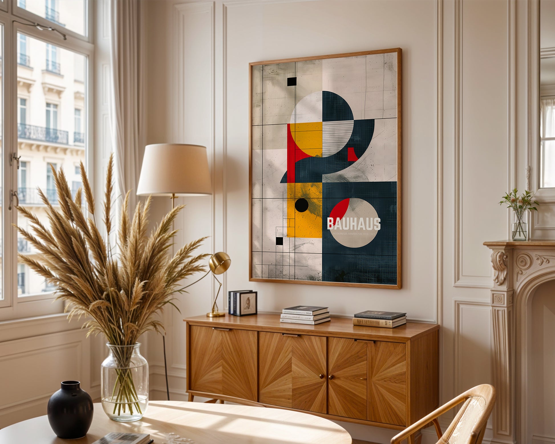 Modern living room with abstract art, wooden cabinet, and decorative items, in a loft apartment 