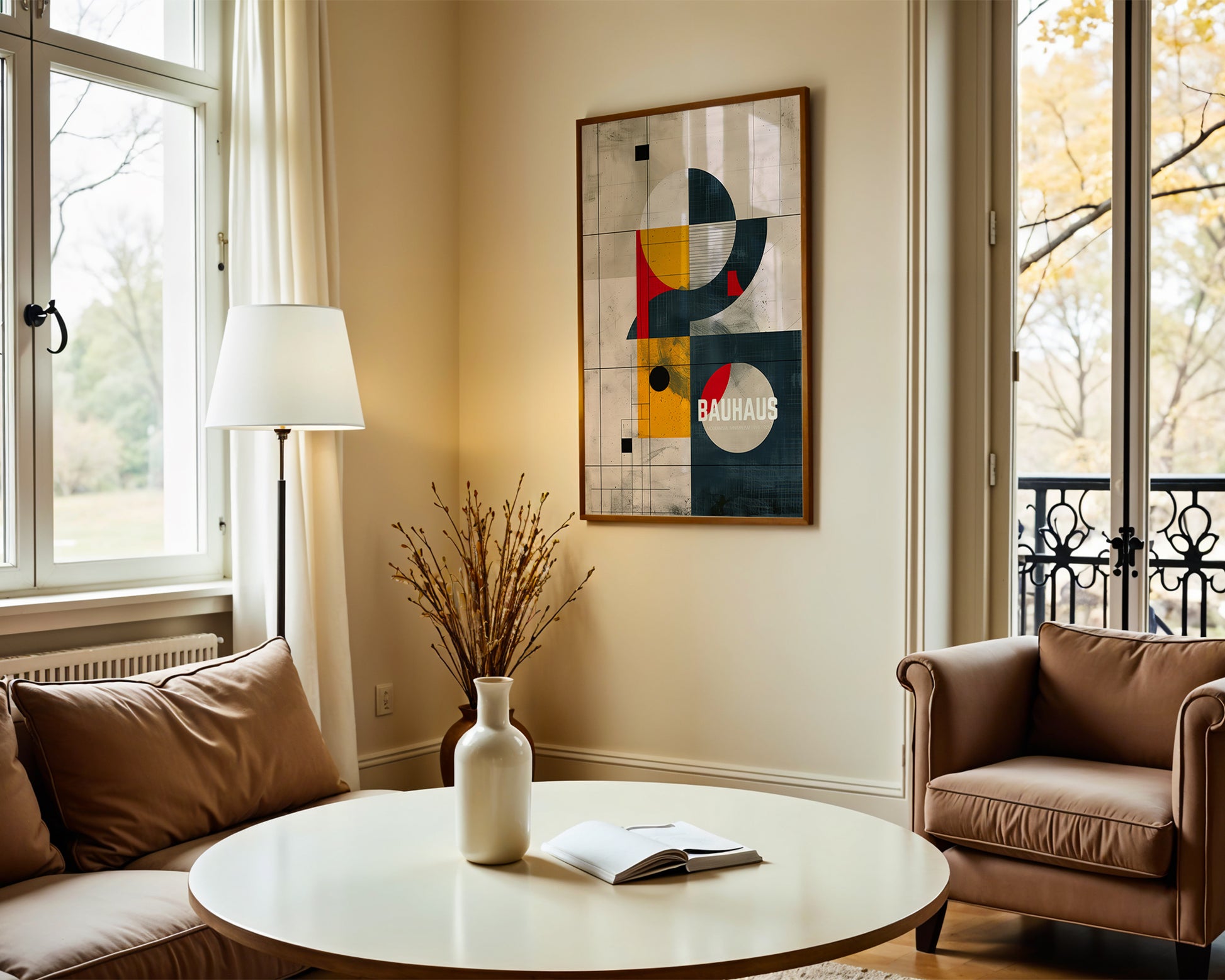 Stylish french apartment Living room with a round coffee table, vase, and chair near a wall with abstract art.