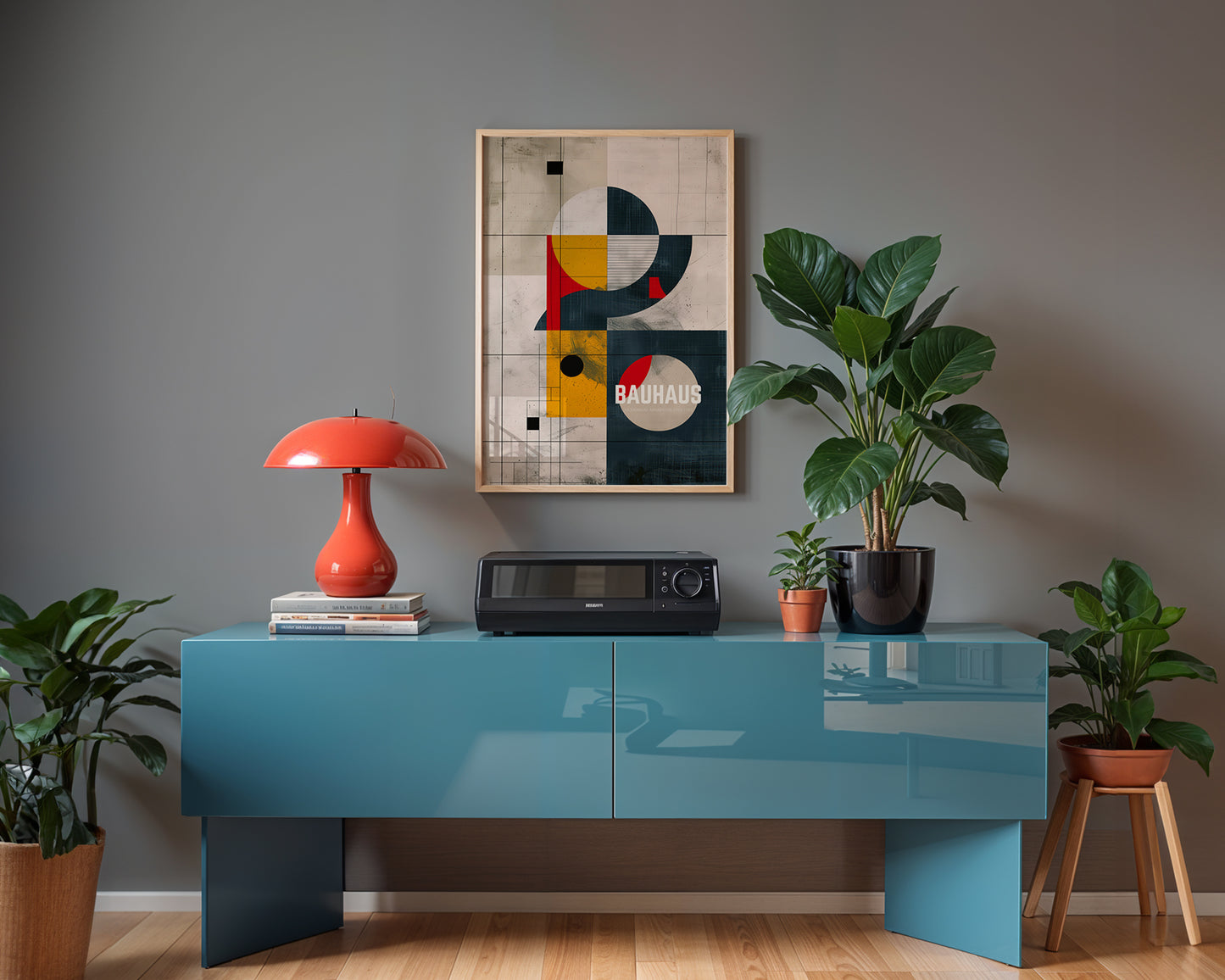 Modern interior, in a stylish music room with stereo system .