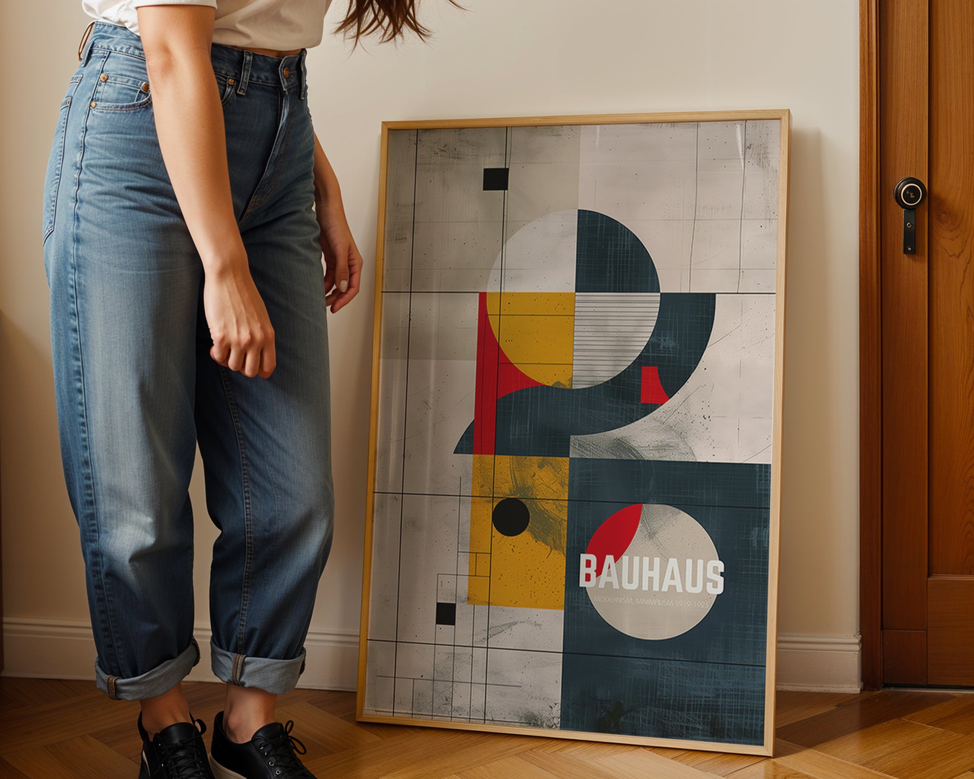 Person standing next to a Bauhaus-style abstract art print on a wall.