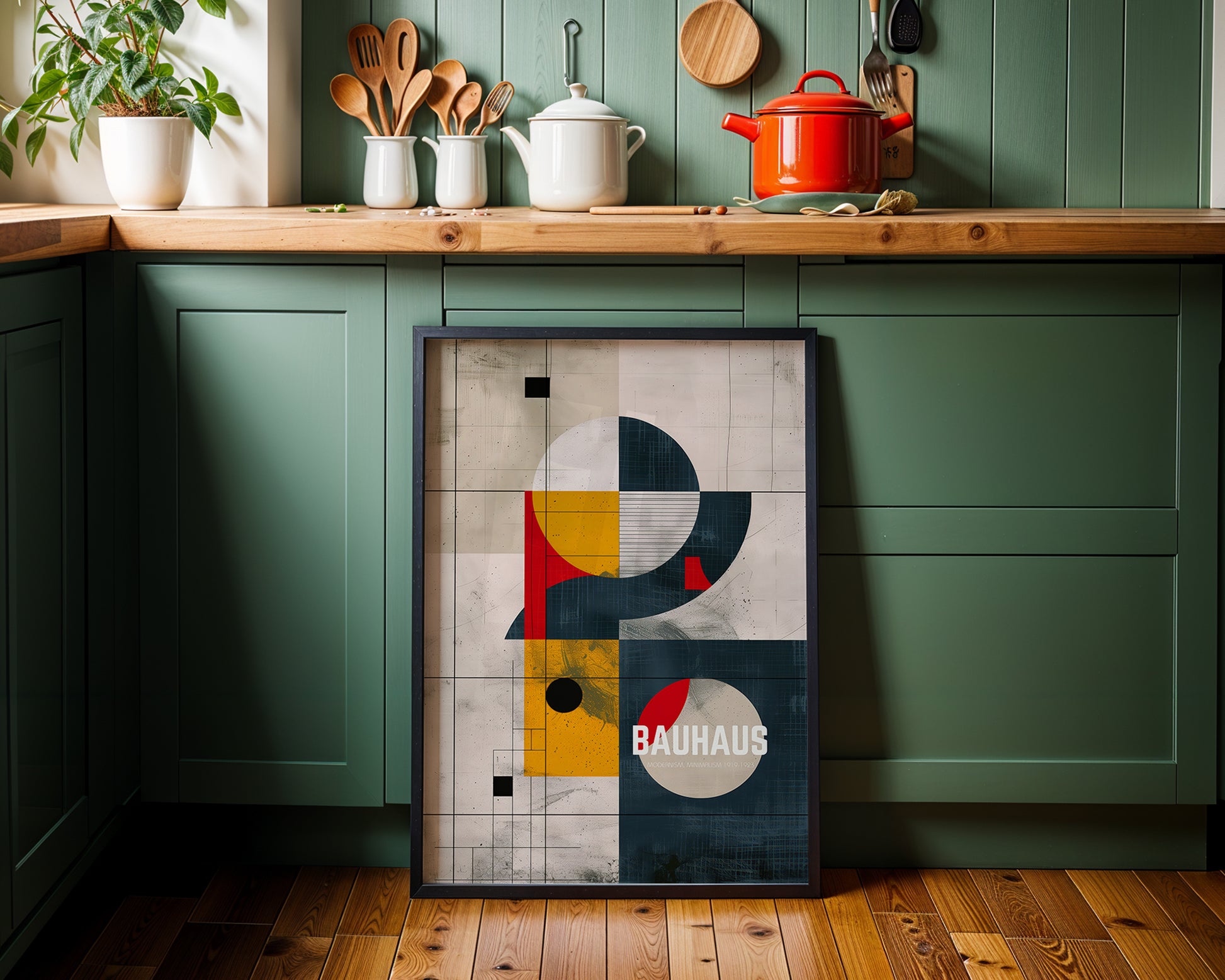 Modern Kitchen  with  a Bauhaus-style abstract art print.