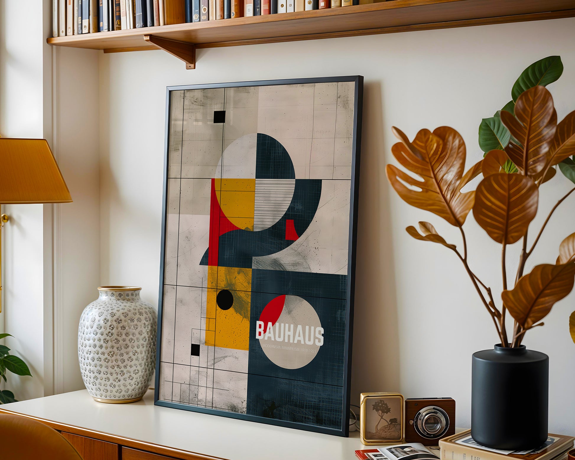 Framed Bauhaus art piece in a Mid-century modern apartment in a neutral interior design space.