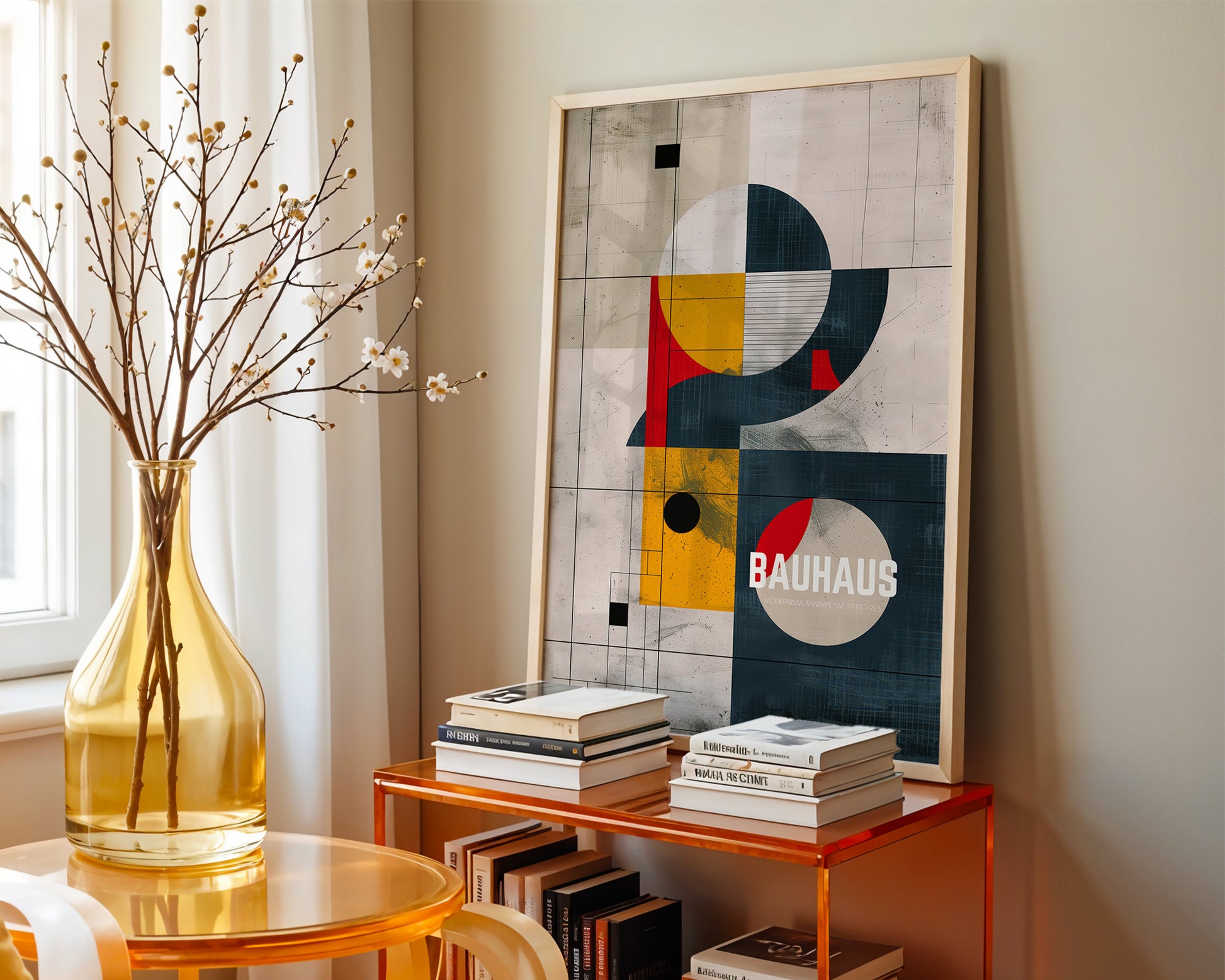 Modern  cool interior with a geometric art piece, books, and a vase on a table.