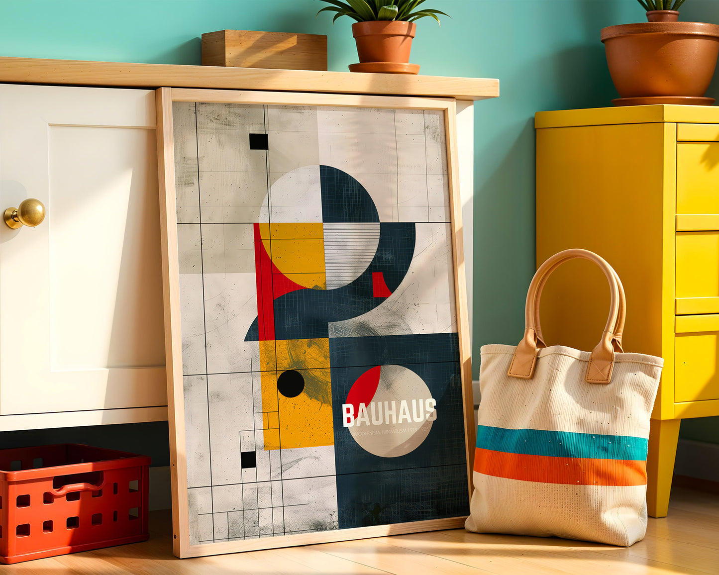 Framed Bauhaus abstract art piece on a wooden surface with a colorful bag and decorative items.