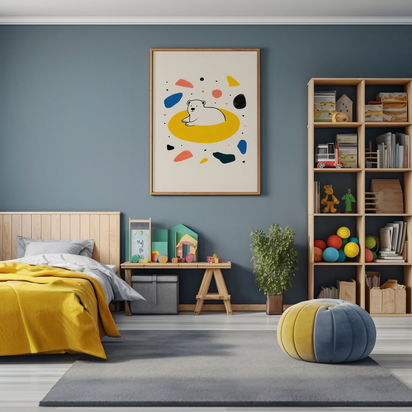 stylish modern Scandinavian children's bedroom, stylish polar bear nursery wall art with minimalist bear illustration and colourful abstract shapes.