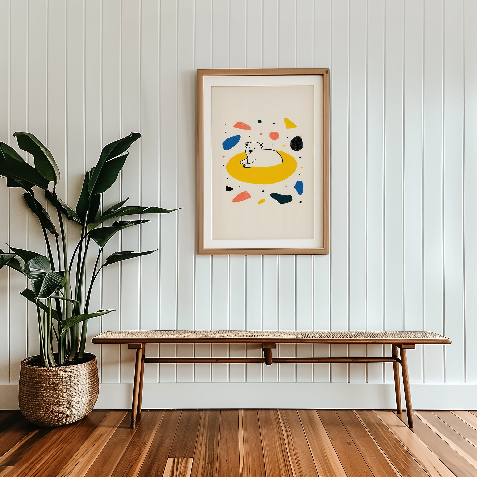 Scandinavian style polar bear nursery wall art with minimalist bear illustration and colourful abstract shapes.