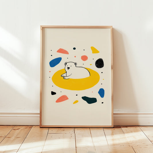 Polar bear nursery wall art print displayed in wooden frame with colourful abstract shapes.