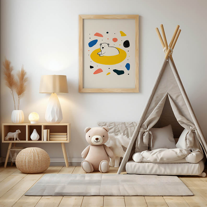 Children's room with a teepee, teddy bear, and colorful wall art.
