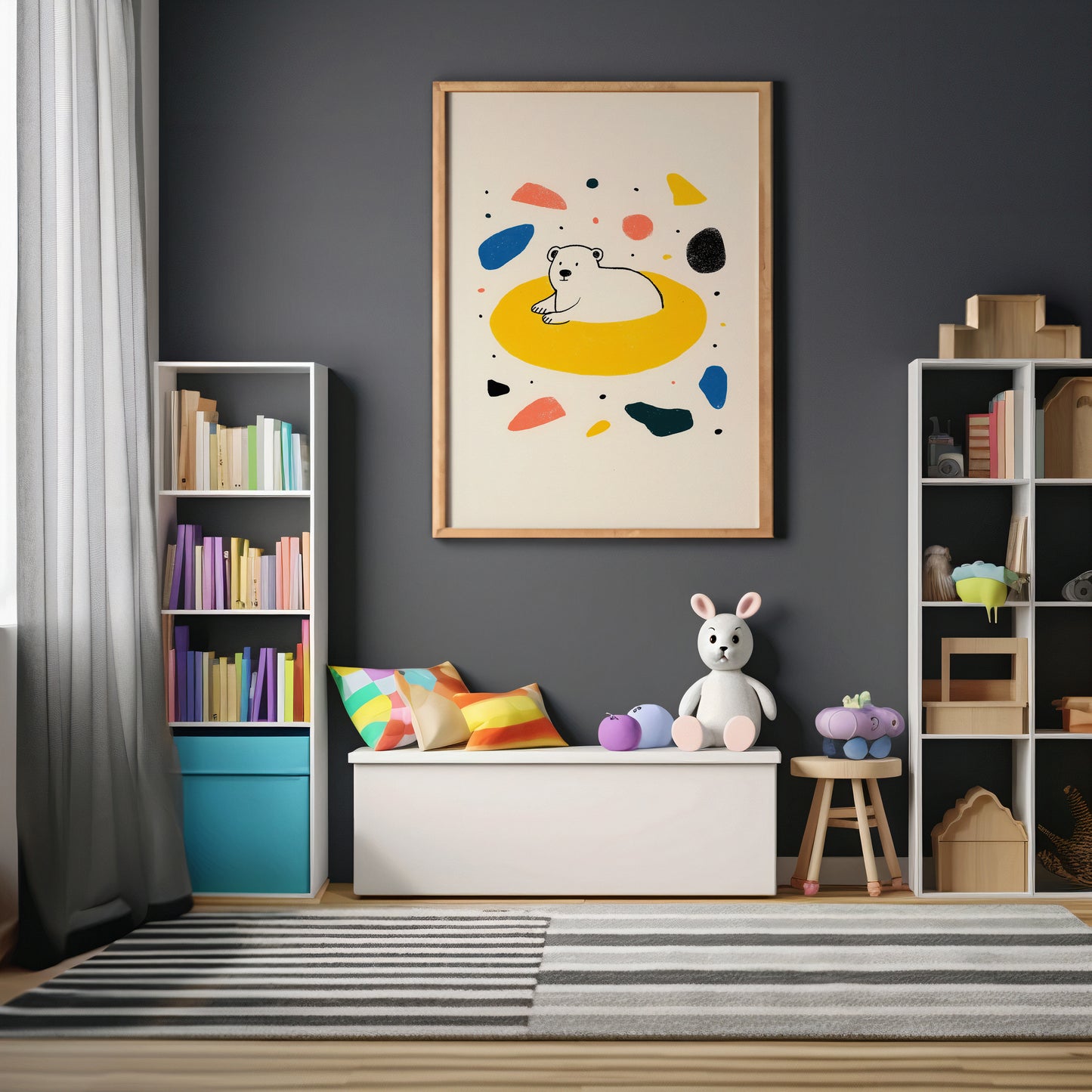 Modern Scandinavian style polar bear nursery wall art with minimalist bear illustration and colourful abstract shapes.