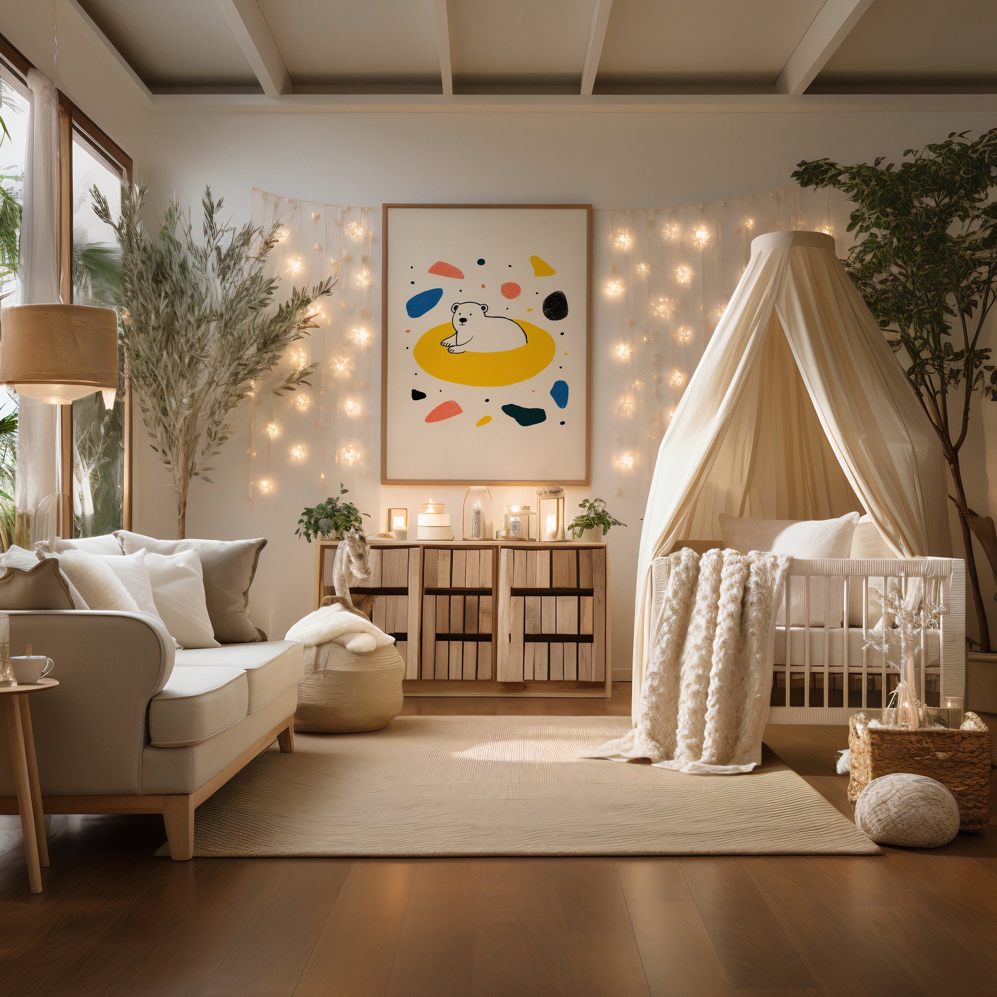Cozy Scandinavian style bedroom with a baby crib, sofa, and decorative elements. With polar bear nursery wall art with minimalist bear illustration and colourful abstract shapes.