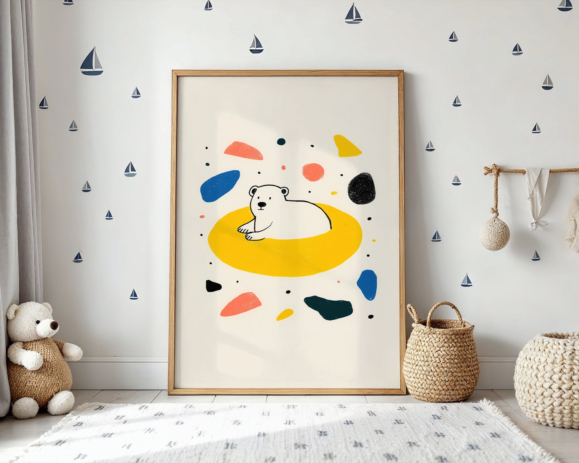 children's abstract poster with a bear design in a room with toys and wall decorations.