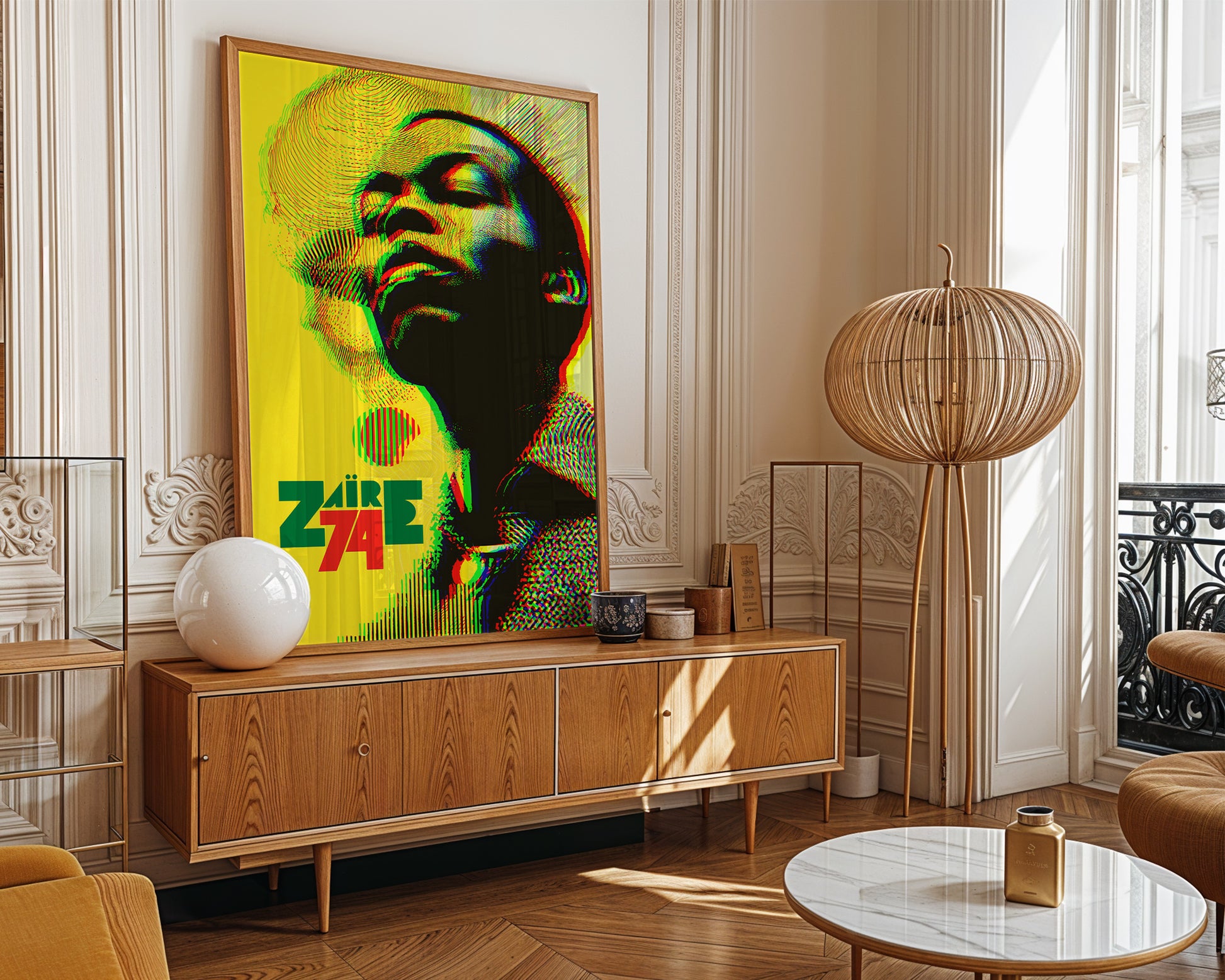 Mid-century modern Fela Kuti  poster wall art displayed in contemporary living room interior
