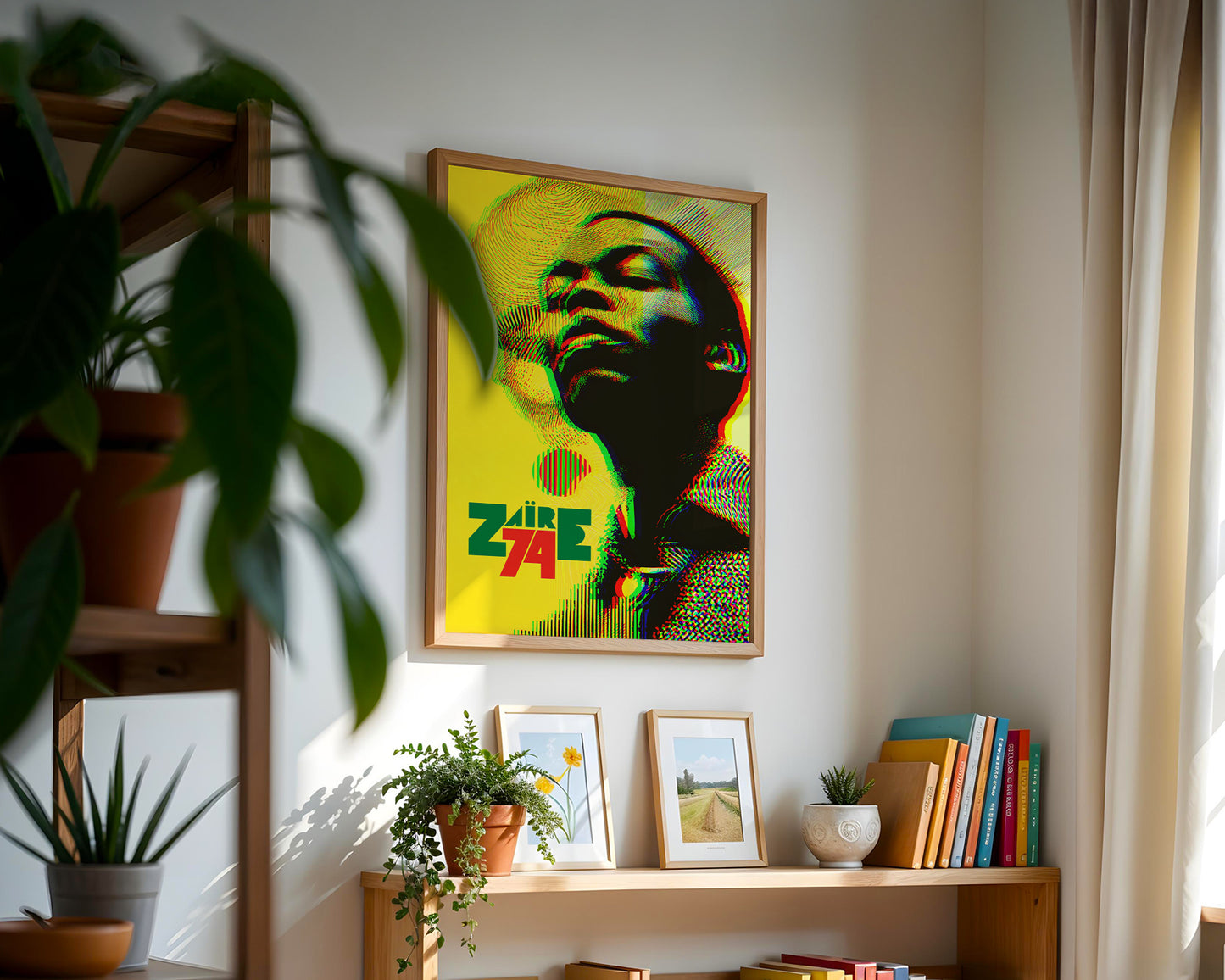 Fela Kuti Afrobeat mid-century style wall art print styled against minimalist interior wall