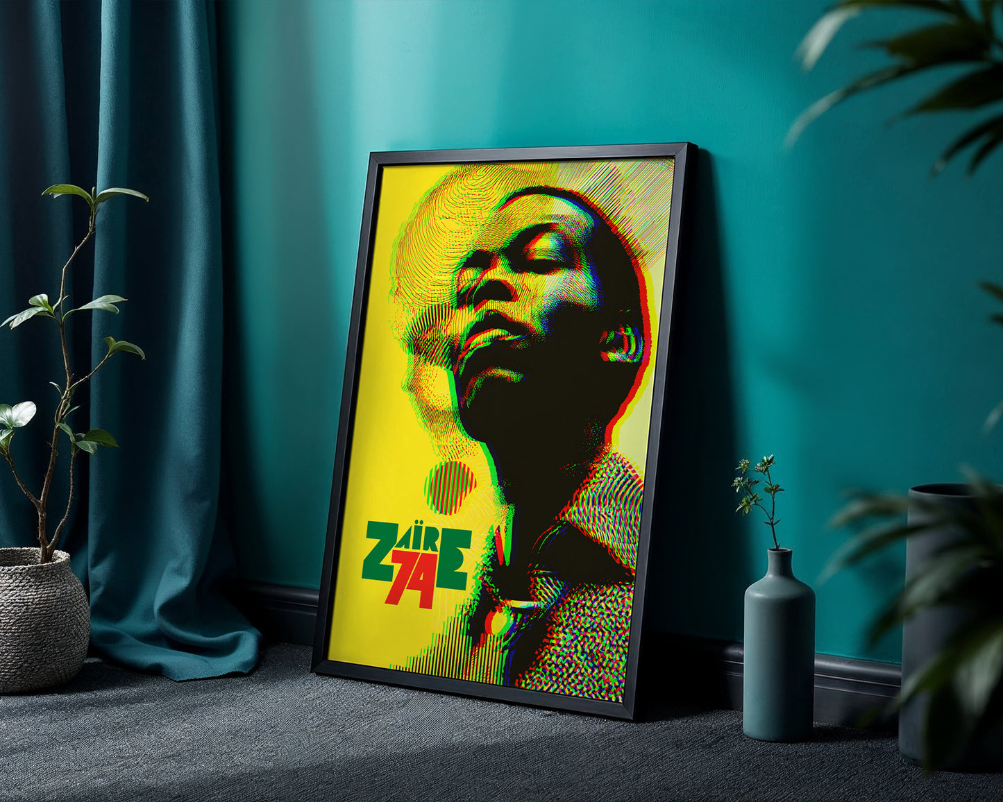 Mid-century inspired  Fela Kuti music art poster styled above sofa in modern home decor setting