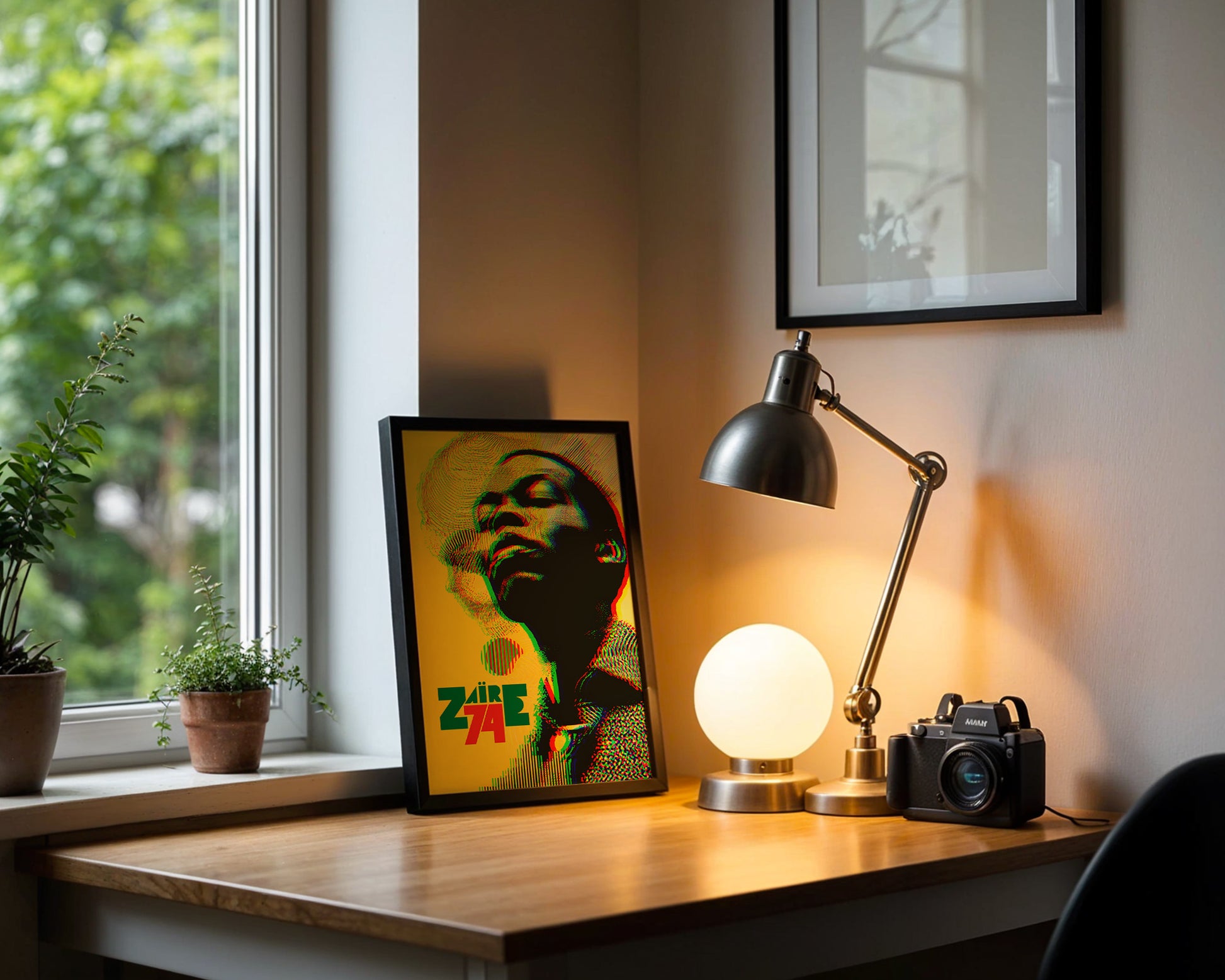 Mid-century modern wall art print featured in neutral interior design space