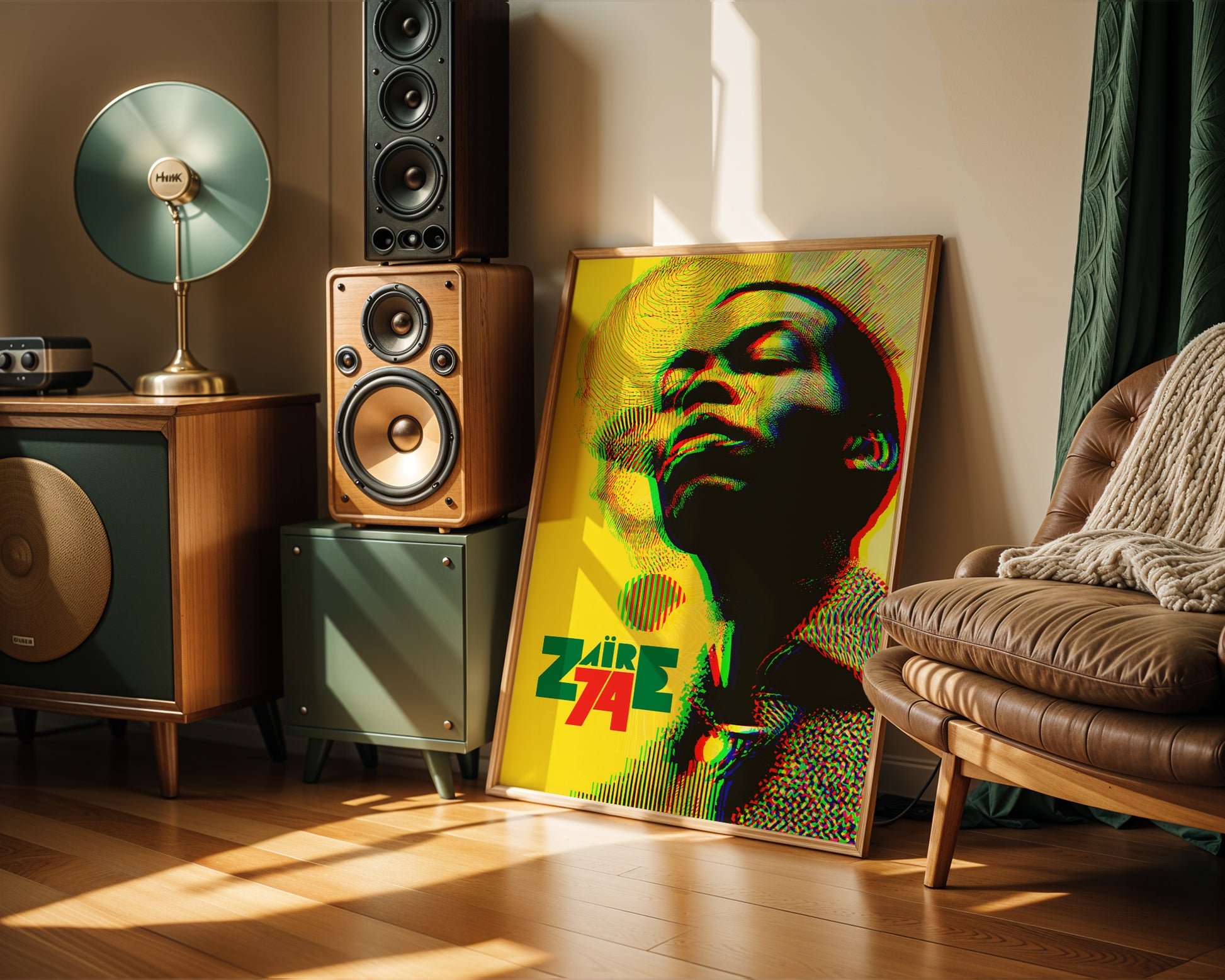 olourful mid-century style poster adding bold accent to  a music room