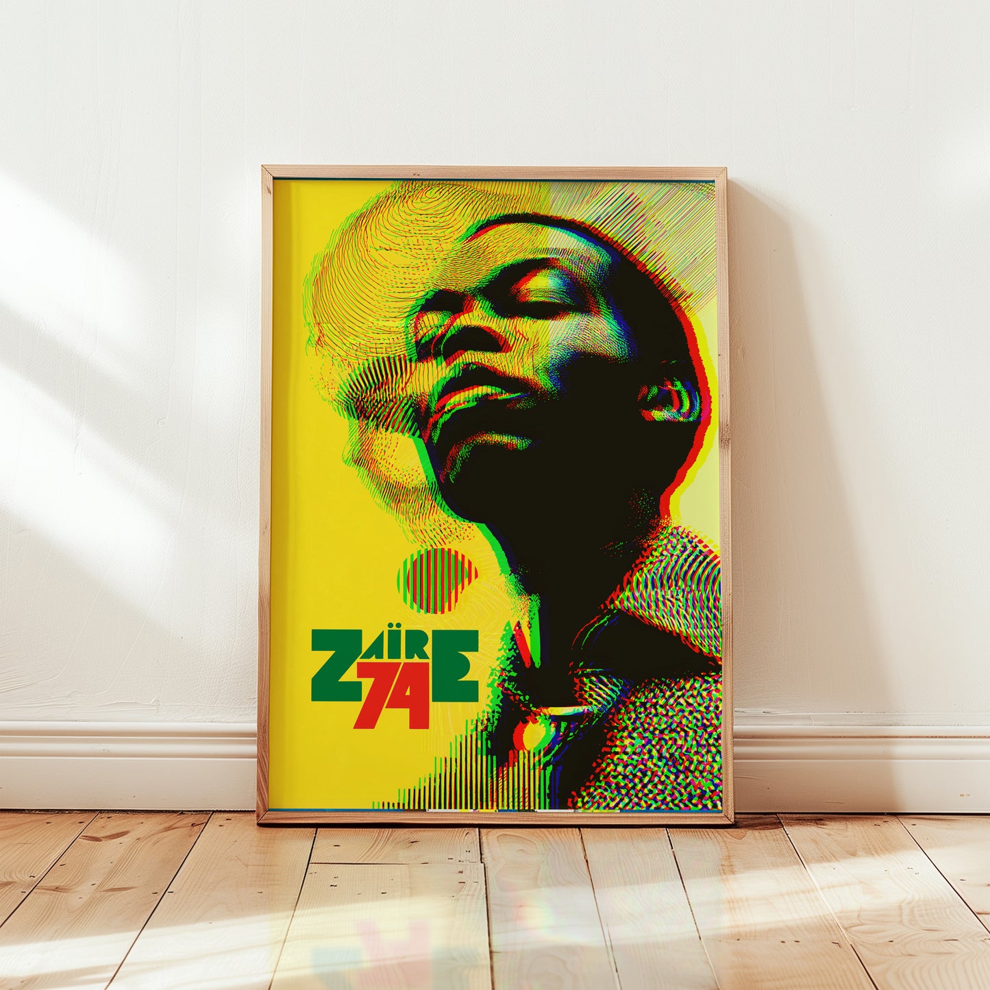 aire 74 Afrobeat poster inspired by Fela Kuti featuring bold yellow background and psychedelic portrait style wall art print