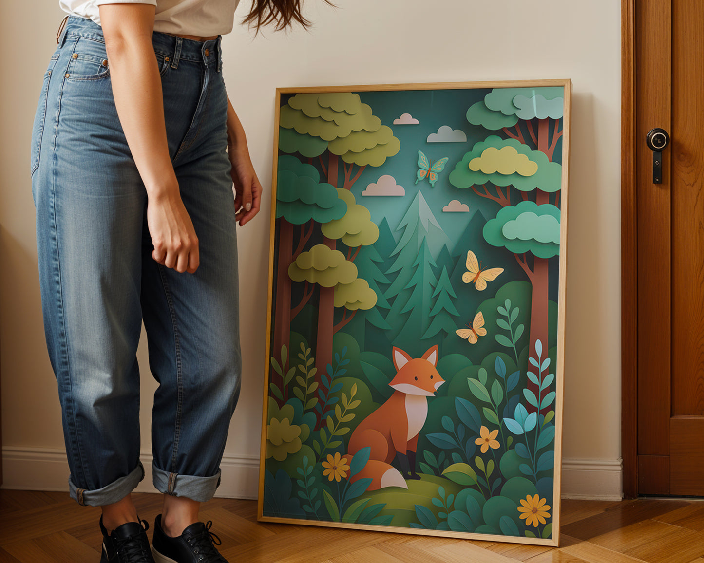 Person standing next to a framed forest scene with a fox and butterflies.