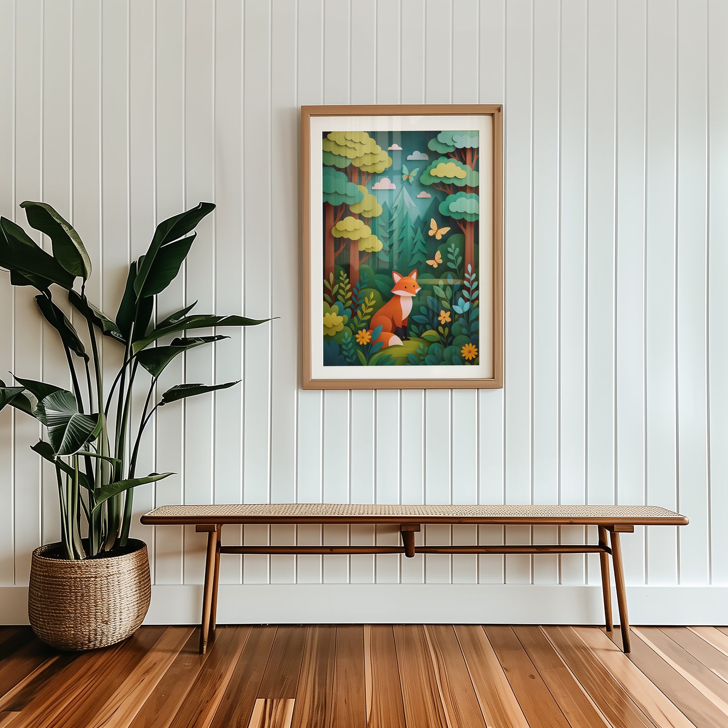 Framed artwork of a fox in a forest scene on a wall above a wooden bench with a plant beside it.