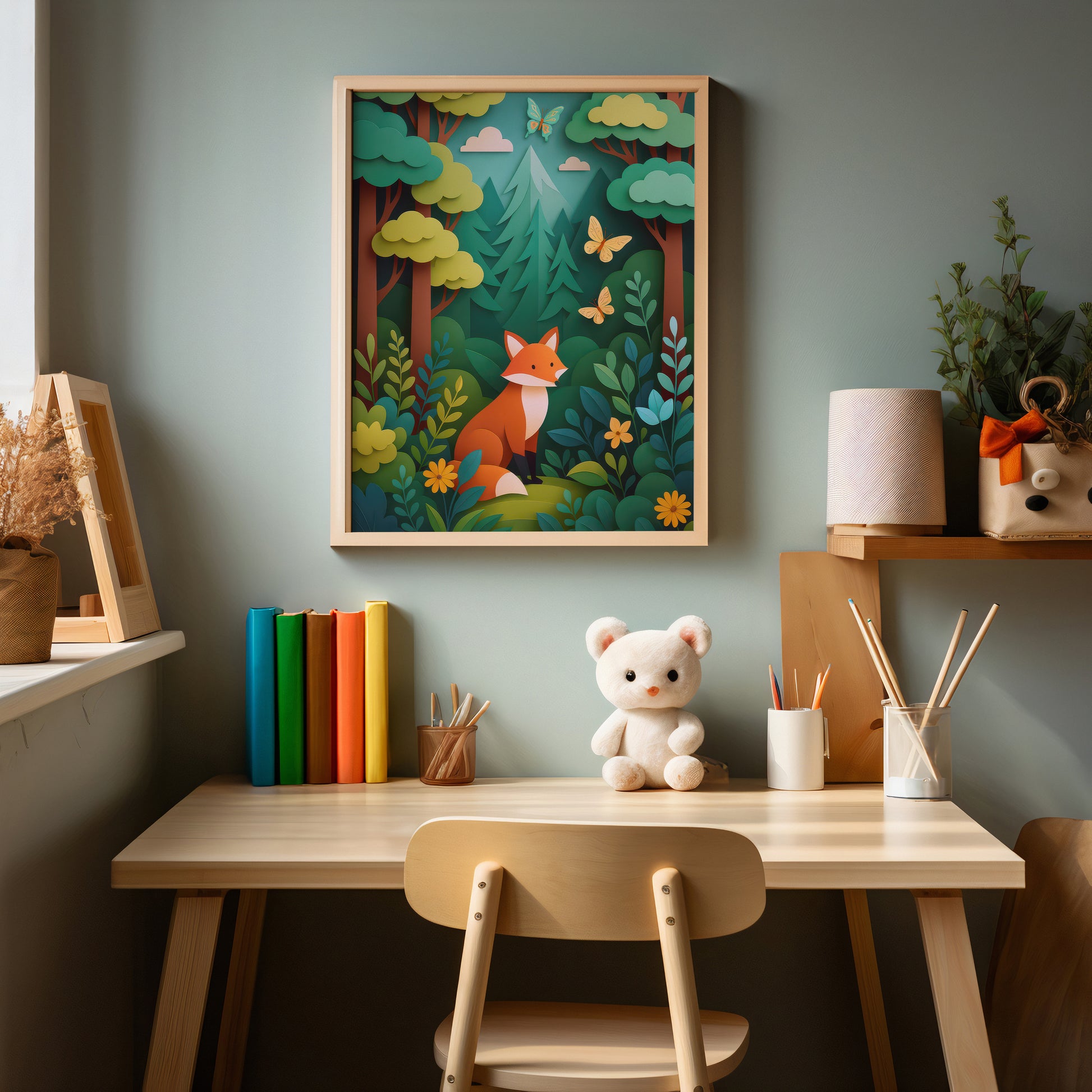Children's desk with a teddy bear, books, and a framed forest picture on a green wall.