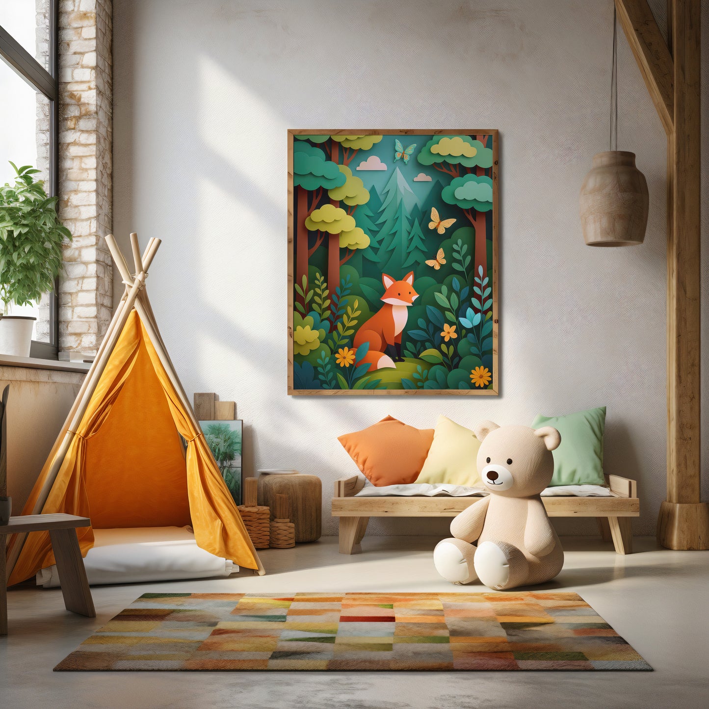 modern stylish Children's room with a teepee, teddy bear, and forest-themed wall art.