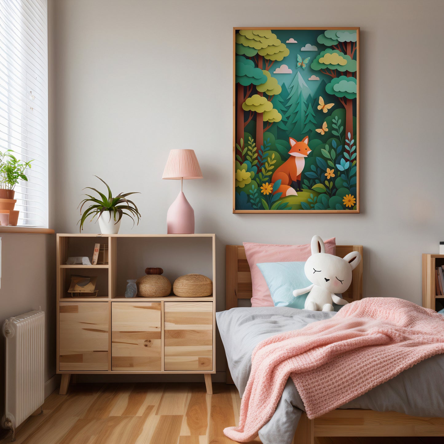 Children's bedroom with wooden furniture, a bed with pink blanket and white plush toy, and a colorful  fantastic Mr fox painting on the wall.