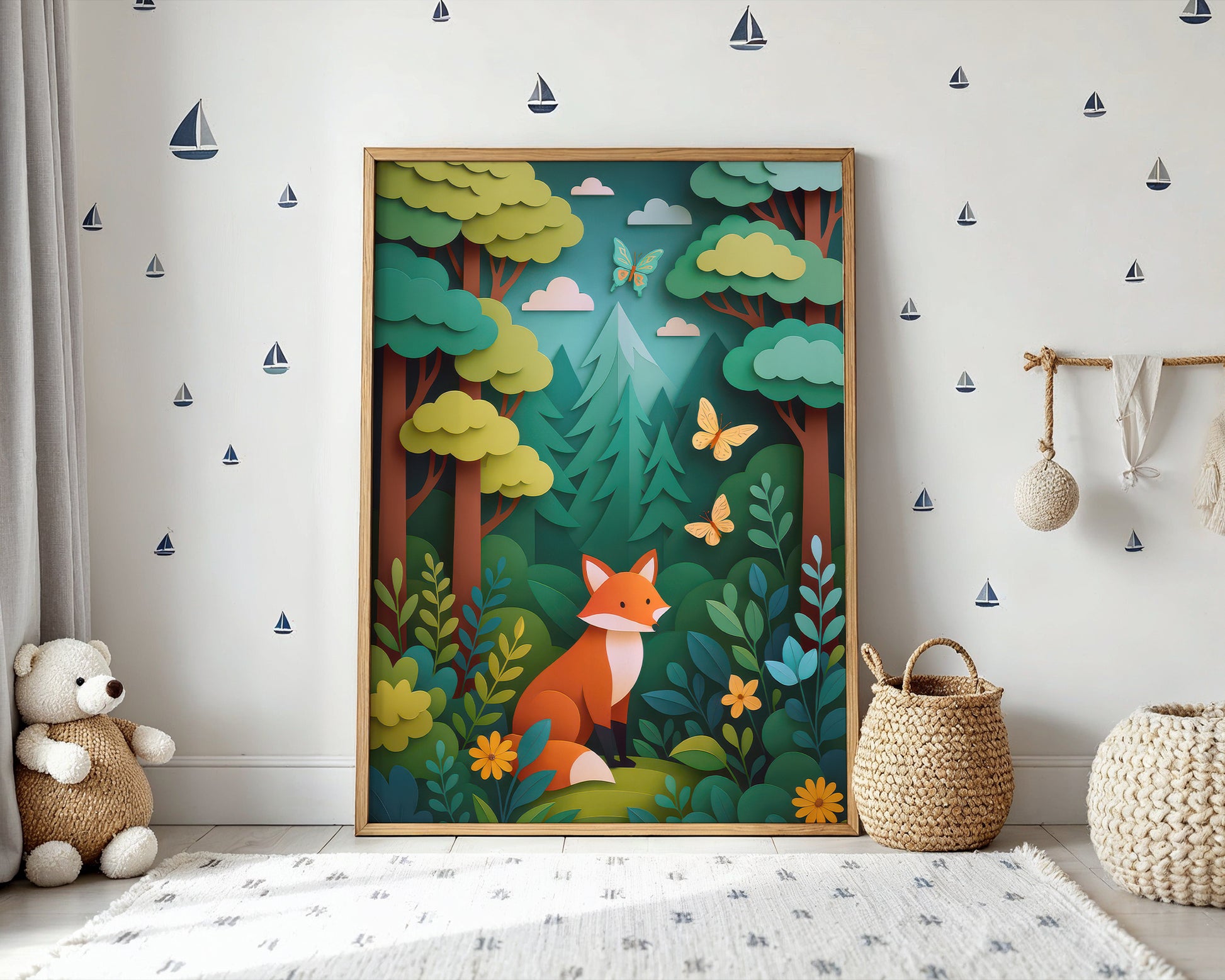 Children's nursery room with a forest-themed wall art print featuring a cute  fox, surrounded by toys and decorative items.