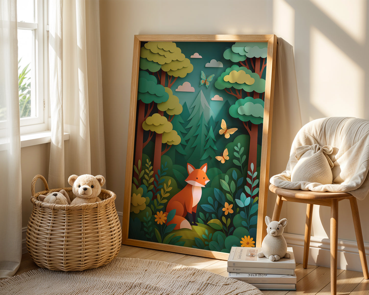 Woodland fox nursery wall art print displayed in wooden frame featuring forest scene with butterflies and layered paper-cut illustration.