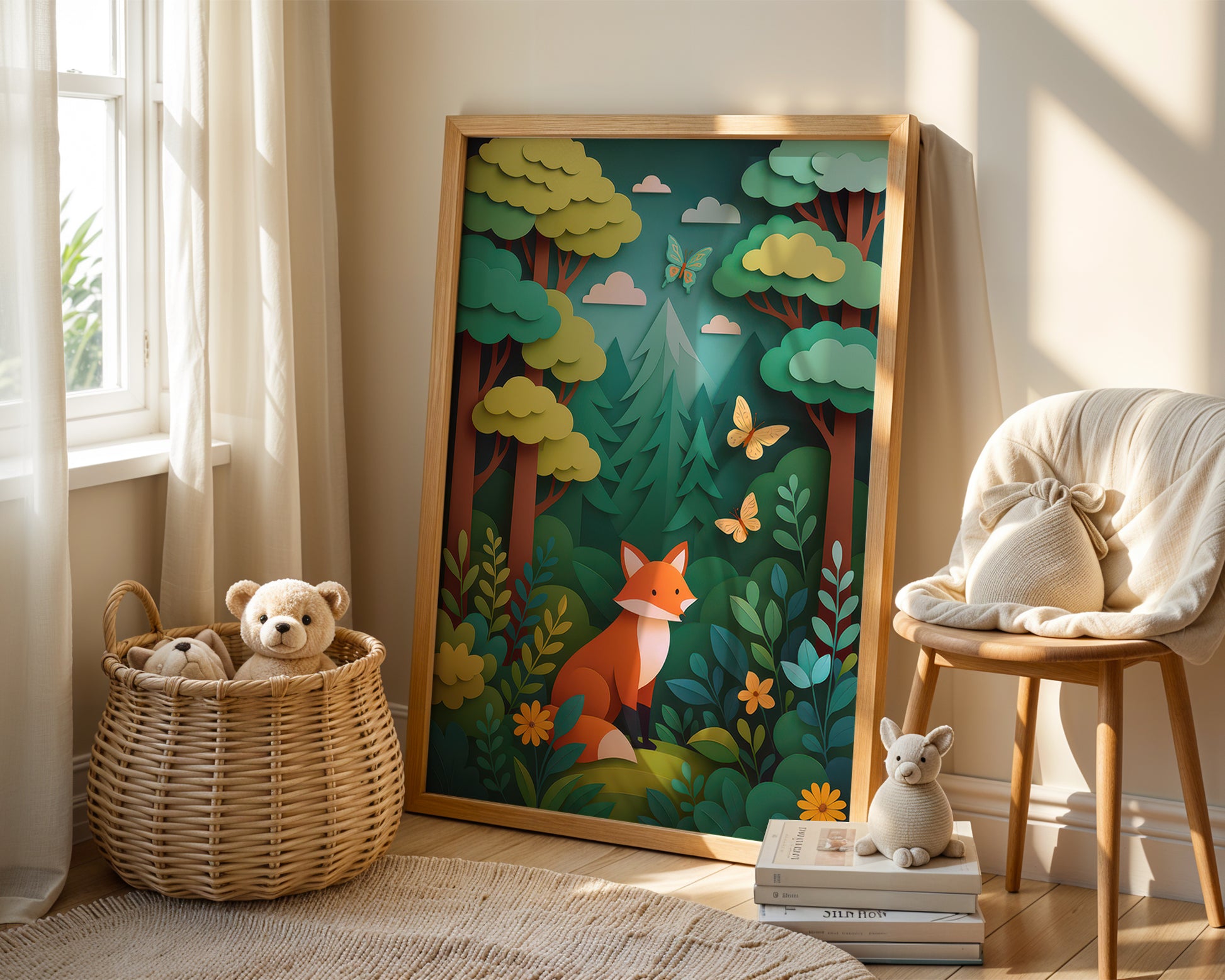 Woodland fox nursery wall art print displayed in wooden frame featuring forest scene with butterflies and layered paper-cut illustration.