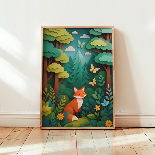 Colourful woodland fox nursery wall art print featuring cute fox in forest with butterflies and layered paper-cut trees.